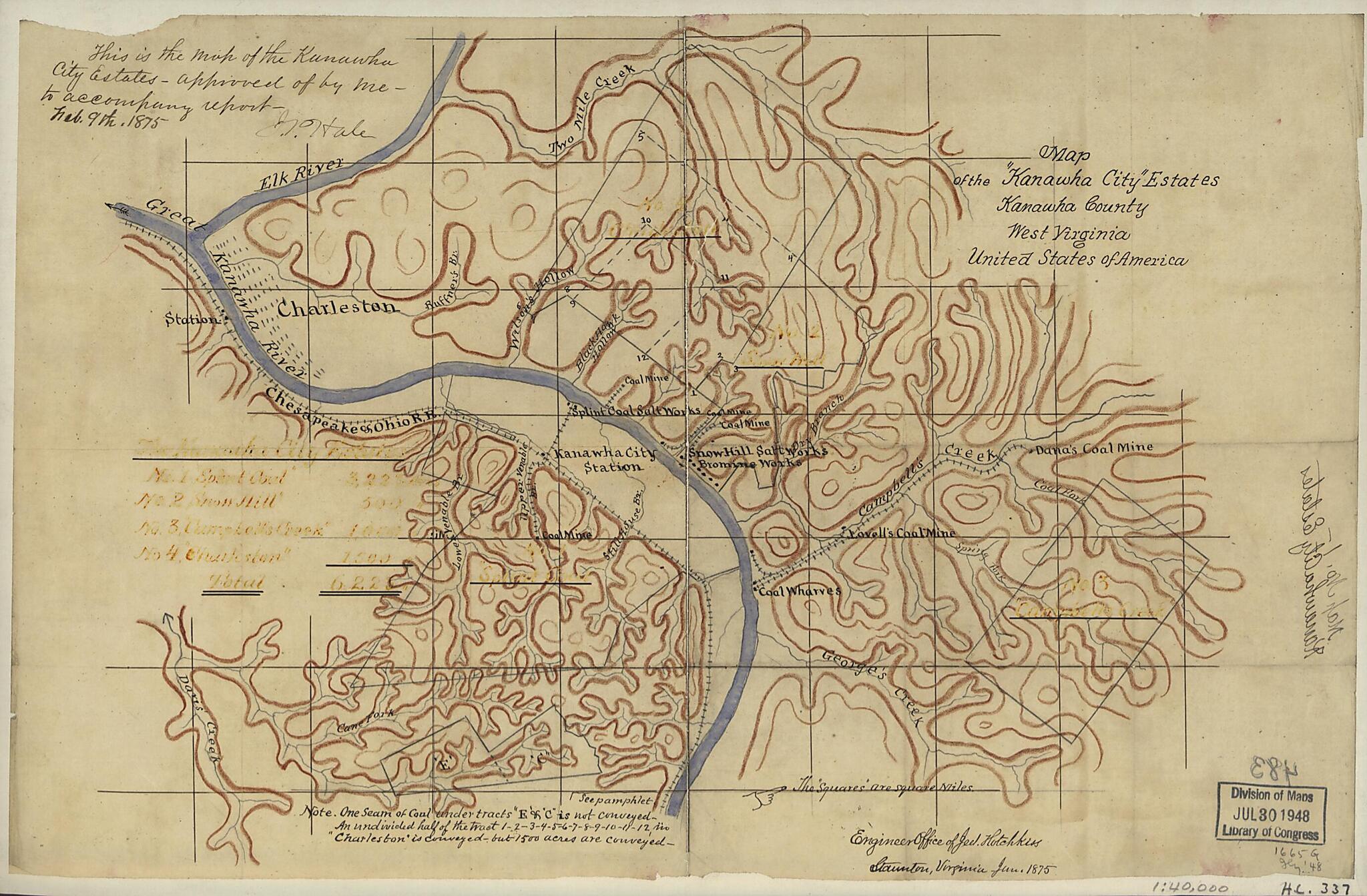 This old map of Map of the Kanawha City Estates, Kanawha County, West Virginia, United States of America from 1875 was created by Jedediah Hotchkiss in 1875