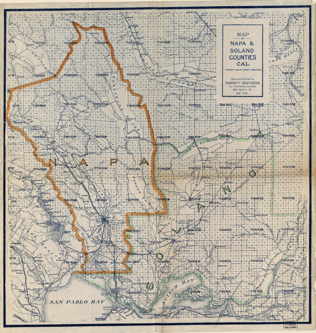 This old map of Map of Napa & Solano CountiesCalifornia (Map of Napa and Solano Counties, Cal) from 1908 was created by Punnett Brothers in 1908