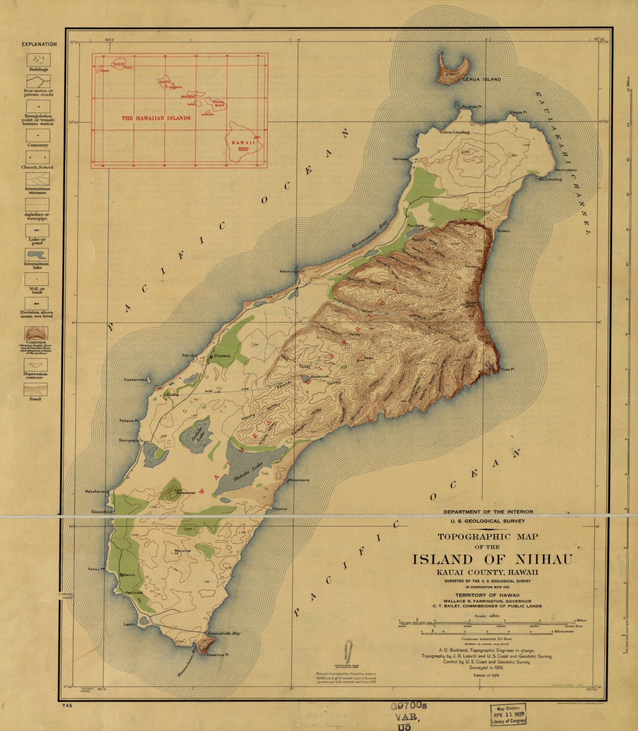 This old map of Topographic Map of the Island of Niihau, Kauai County, Hawaii from 1926 was created by Geological Survey (U.S.) in 1926