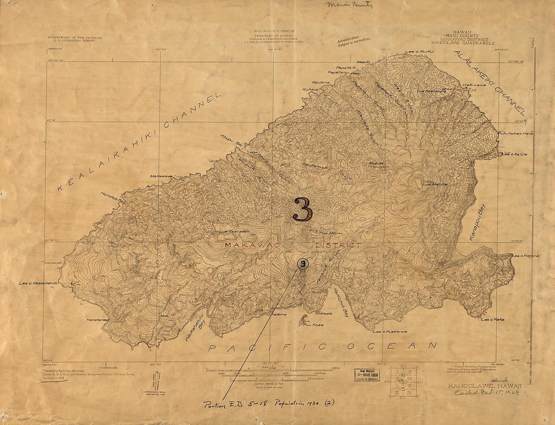 This old map of Kahoolawe, Hawaii from 1926 was created by Geological Survey (U.S.), Hawaii. Oihana Ana Aina Aupuni, Bishop Moorhead in 1926