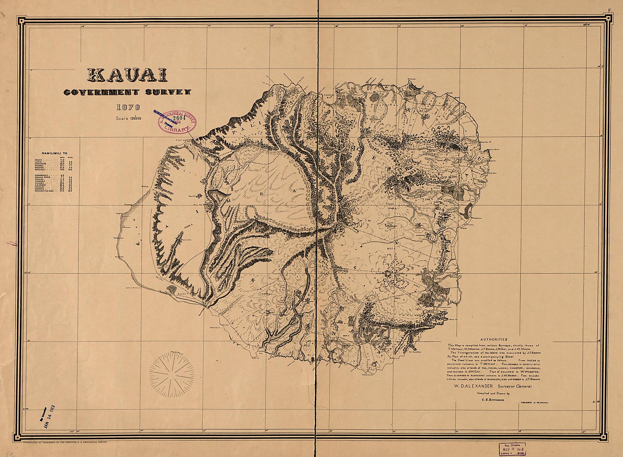 This old map of Kauai Government Survey, from 1878 was created by Hawaii. Oihana Ana Aina Aupuni, C. S. Kittredge, W. A. Wall in 1878