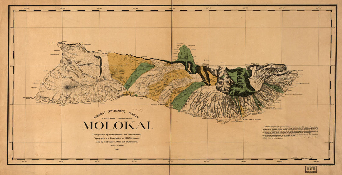 This old map of Molokai from 1897 was created by W. D. (William De Witt) Alexander, F. S. Dodge, Hawaii. Oihana Ana Aina Aupuni, S. M. Kanakanui, M. D. Monsarrat, C. J. Willis in 1897