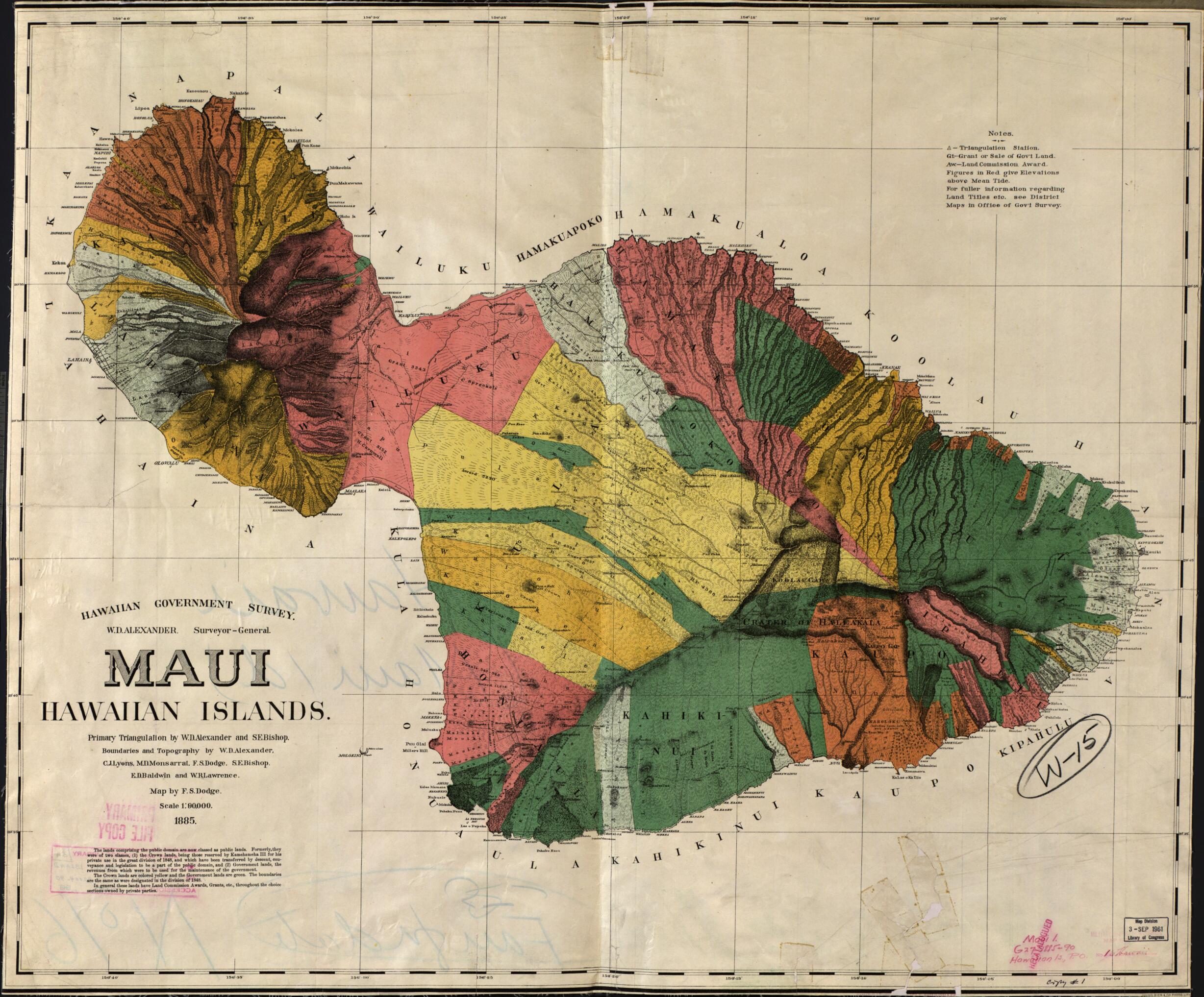 This old map of Maui, Hawaiian Islands from 1885 was created by W. D. (William De Witt) Alexander, Sereno Edwards Bishop, F. S. Dodge, Hawaii. Oihana Ana Aina Aupuni, C. J. Lyons, M. D. Monsarrat in 1885