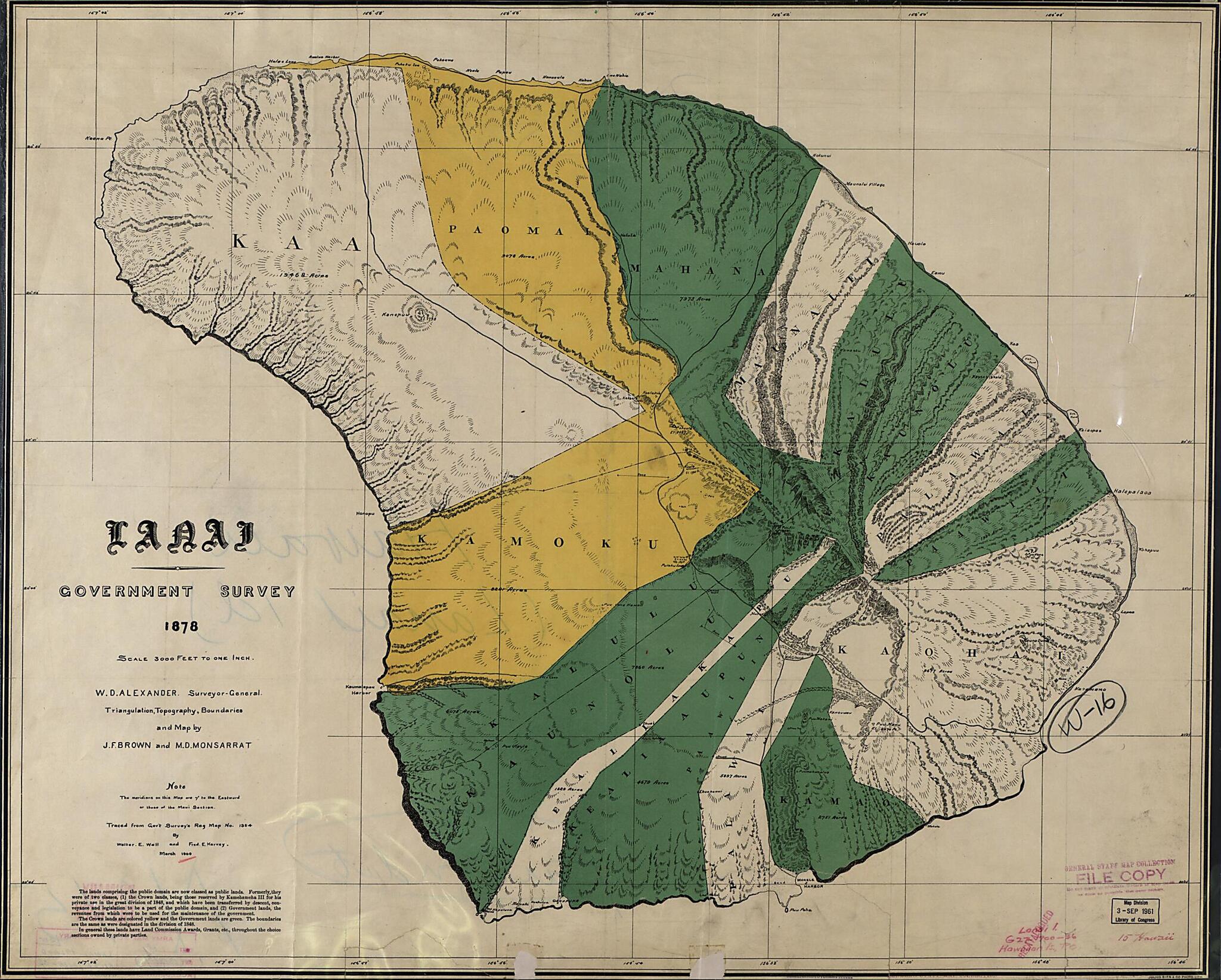This old map of Lanai from 1900 was created by W. D. (William De Witt) Alexander, J. F. Brown, Hawaii. Oihana Ana Aina Aupuni, M. D. Monsarrat in 1900