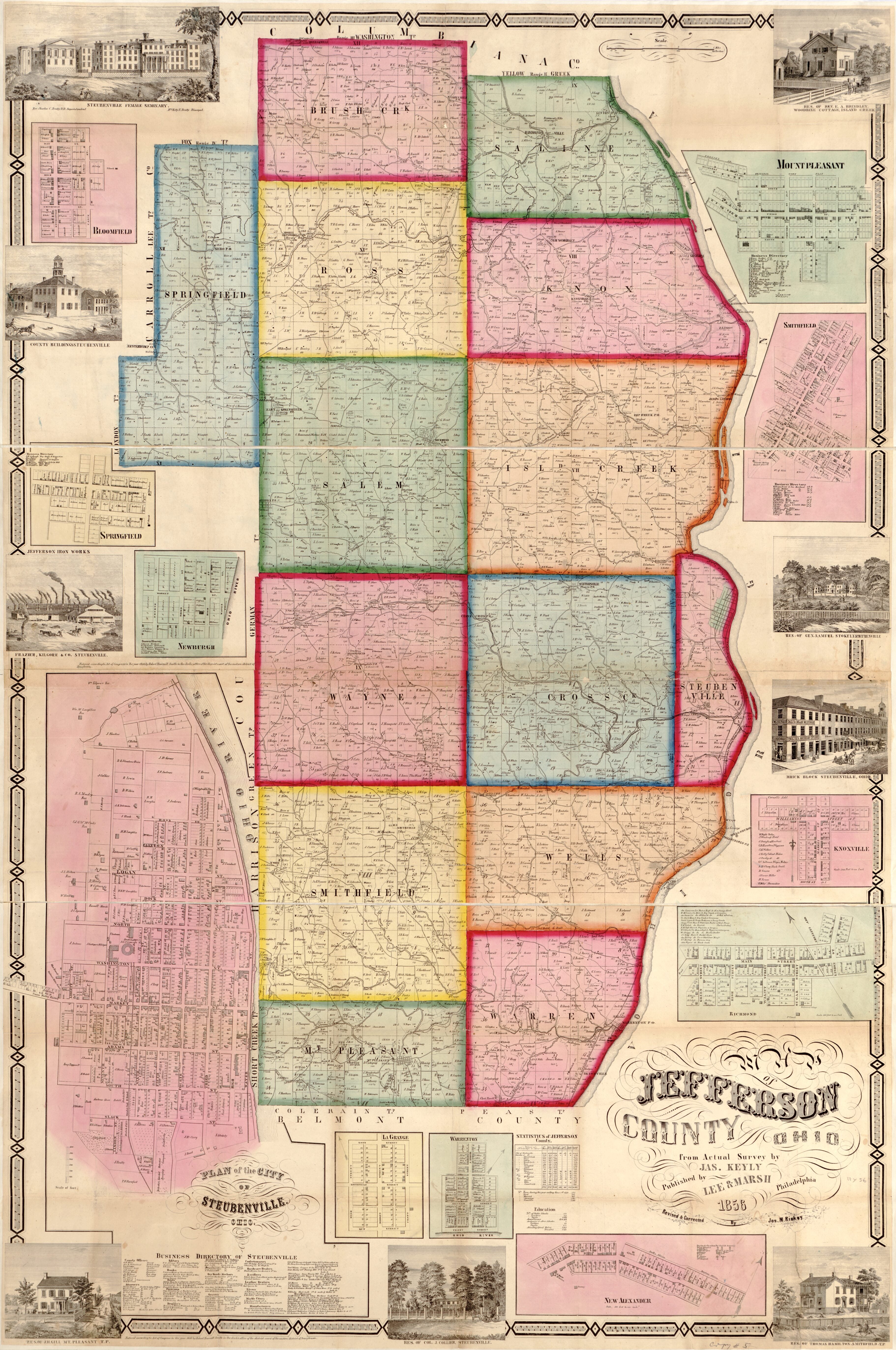 This old map of Map of Jefferson County, Ohio : from Actual Surveys from 1856 was created by Jas. (James) Keyly, Lee & Marsh, Jos. M. (Joseph M.) Rickey in 1856