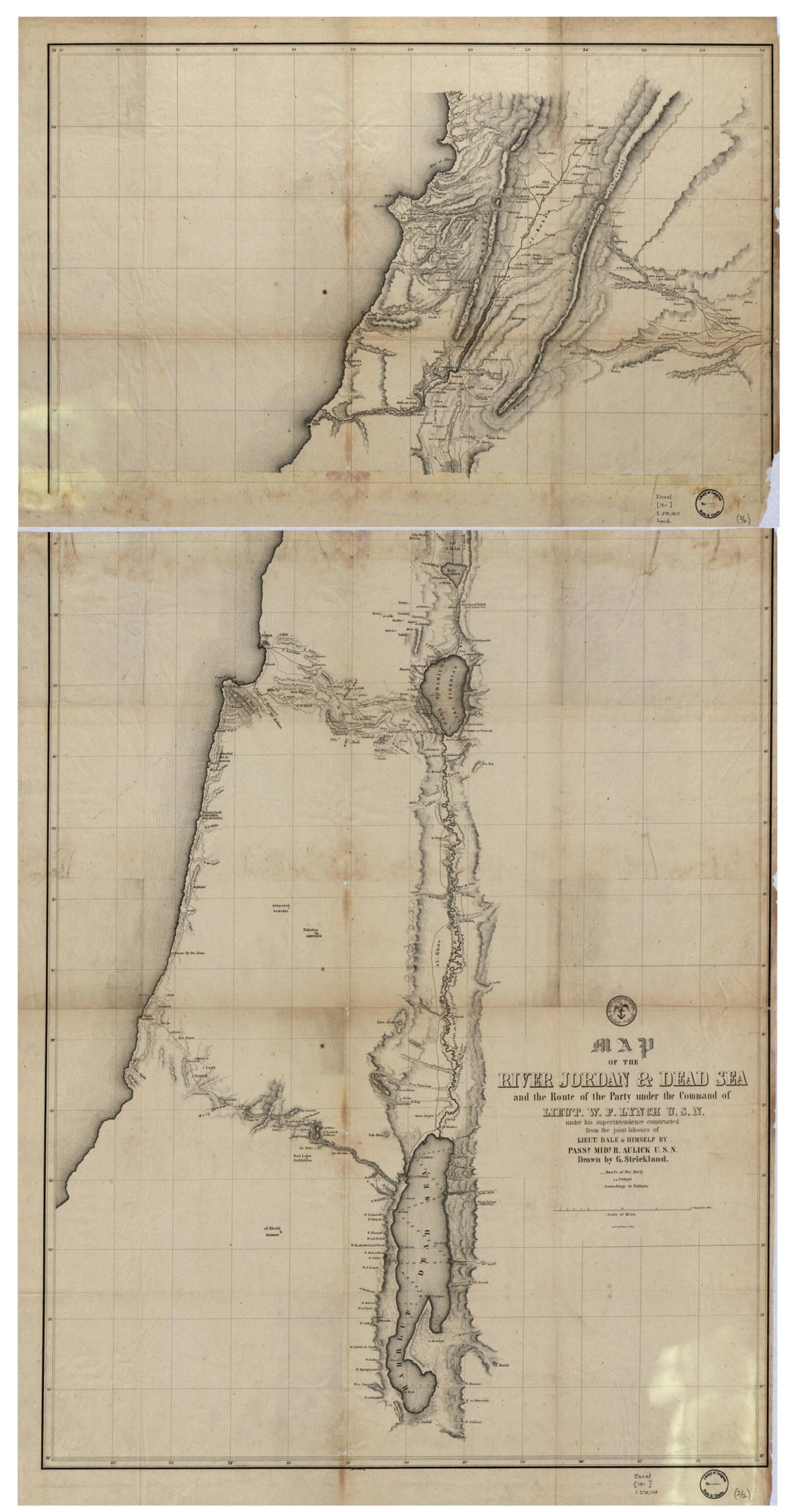 This old map of Map of the River Jordan & Dead Sea : and the Route of the Party Under the Command of Lieut. W.F. Lynch, U.S.N. Under His Superintendence Constructed from the Joint Labours of Lieut. Dale & Himself by Passd. Midn. R. Aulick U.S.N from 1840