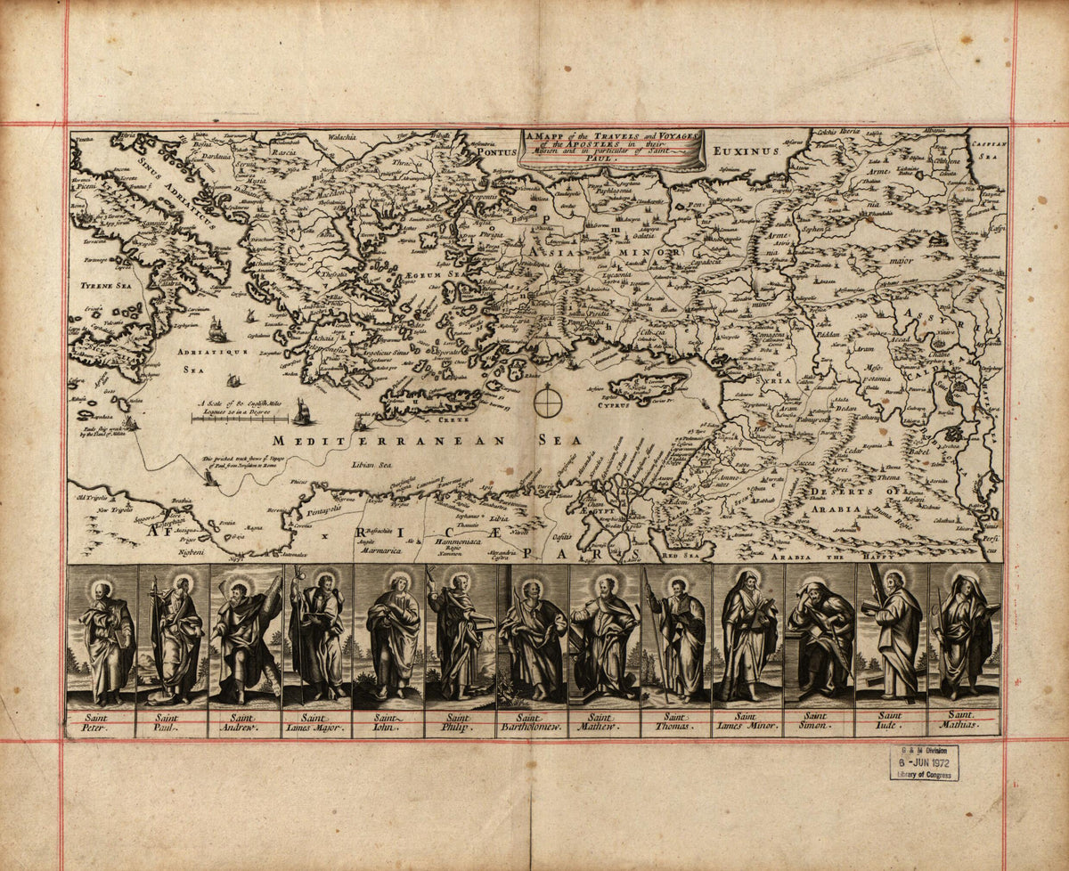 A Mapp of the Travels and Voyages of the Apostles In Their Mission and In Partiular of Saint Paul. (Map of the Travels and Voyages of the Apostles) 1680 by Relic Map Company