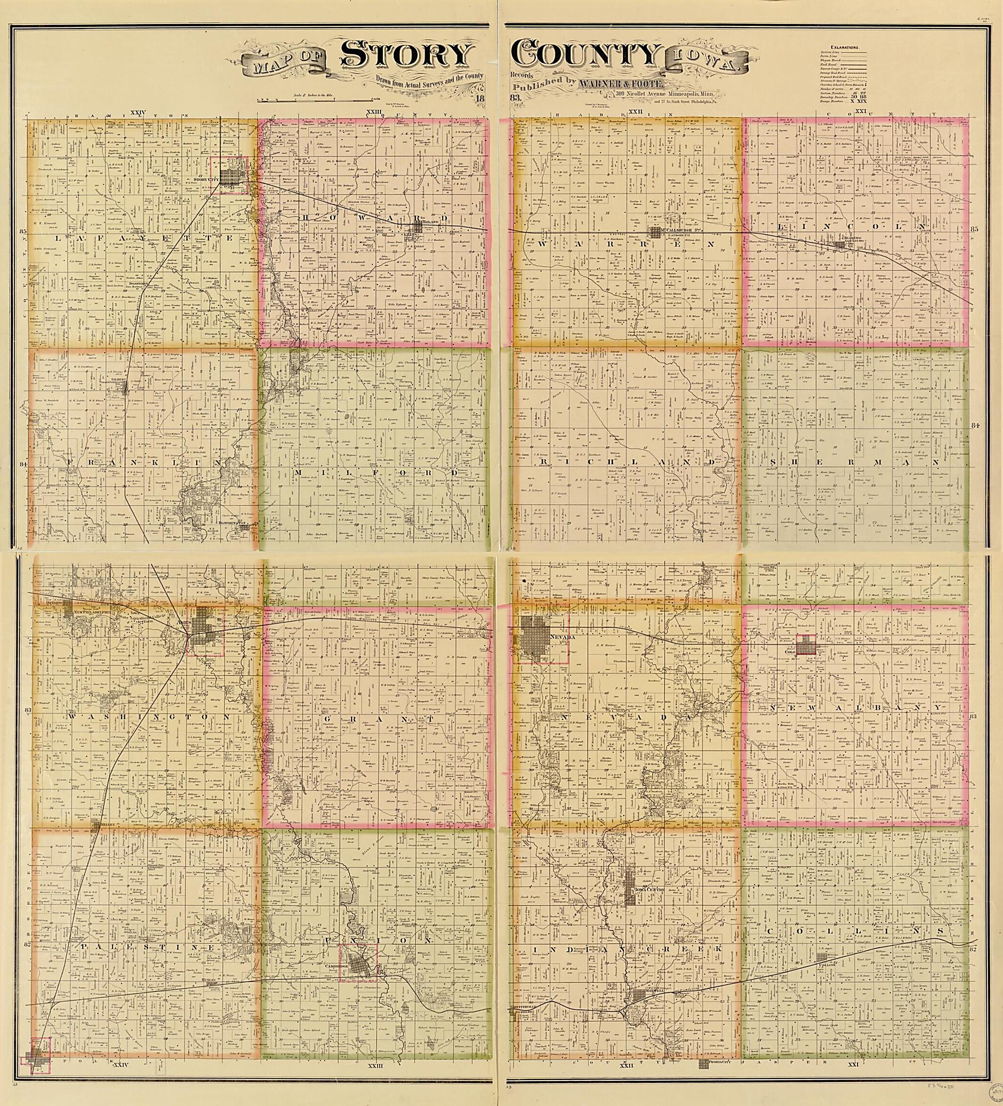 This old map of Map of Story County, Iowa : Drawn from Actual Surveys and the County Records from 1883 was created by Warner & Foote in 1883