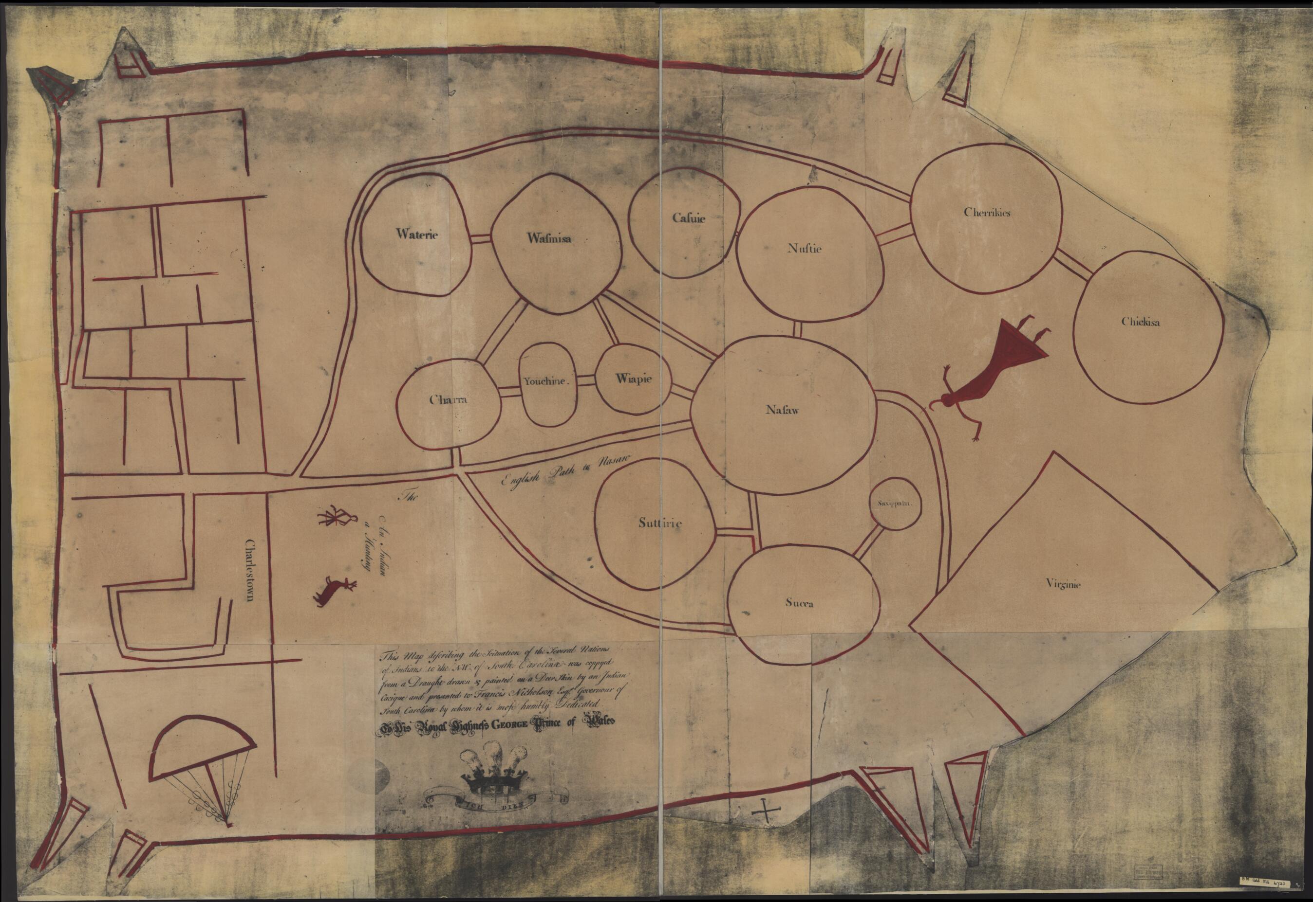 This old map of Map of the Several Nations of Indians to the Northwest of South Carolina. (Catawba Deerskin Map) from 1724 was created by Francis Nicholson in 1724
