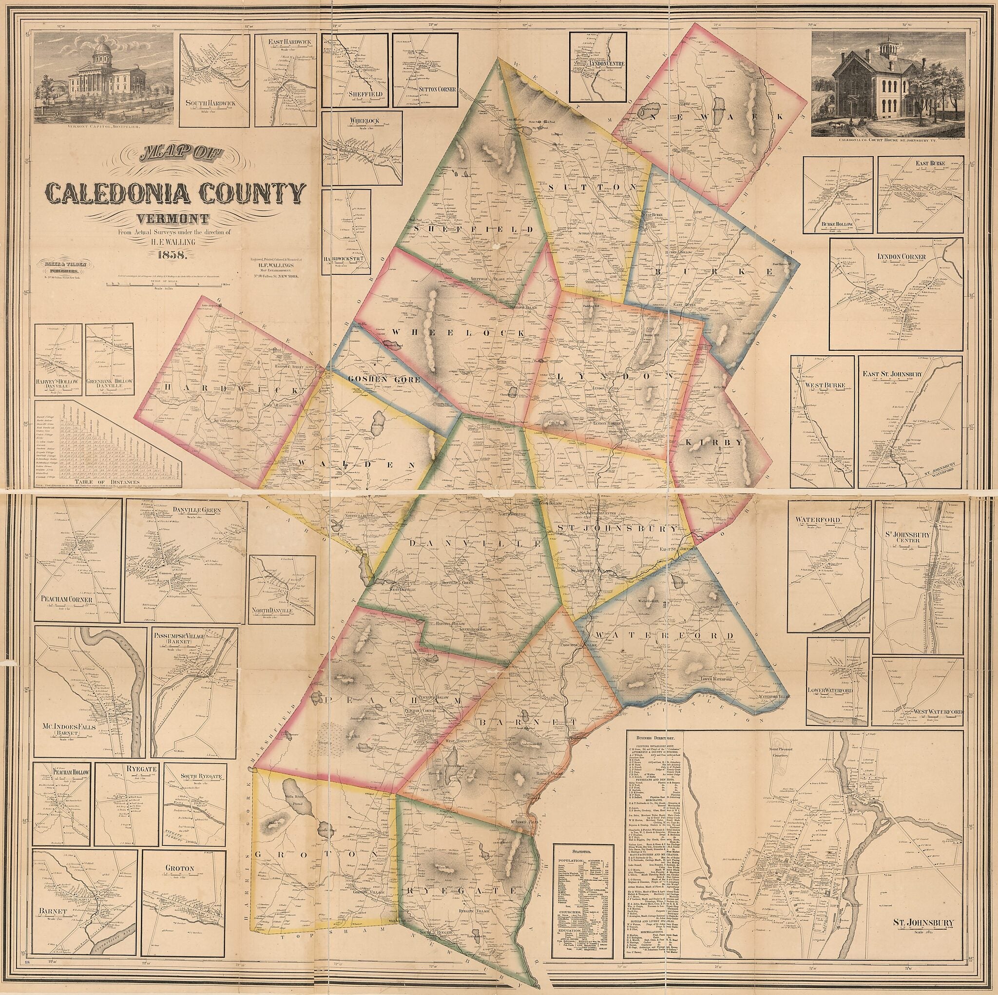 This old map of Map of Caledonia County, Vermont from 1858 was created by Henry Francis Walling in 1858