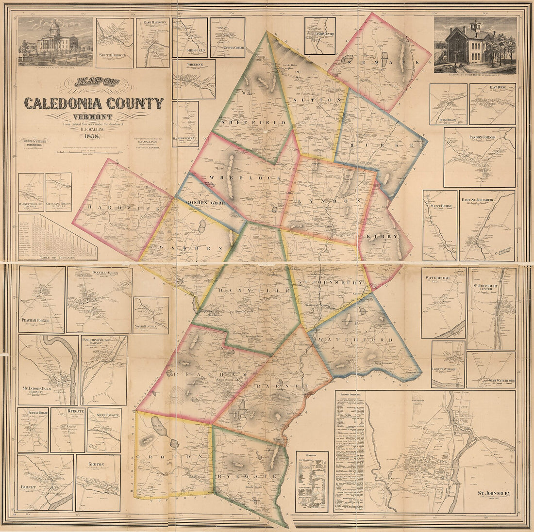 This old map of Map of Caledonia County, Vermont from 1858 was created by Henry Francis Walling in 1858