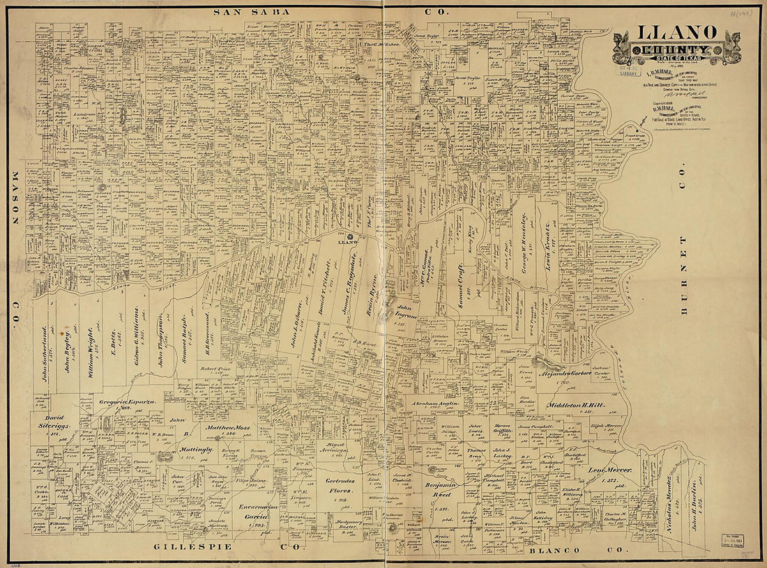 This old map of Llano County, State of Texas from 1890 was created by Texas. General Land Office in 1890