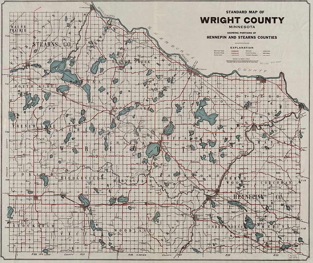 This old map of Standard Map of Wright County, Minnesota : Showing Portions of Hennepin and Stearns Counties from 1920 was created by Warner Co in 1920