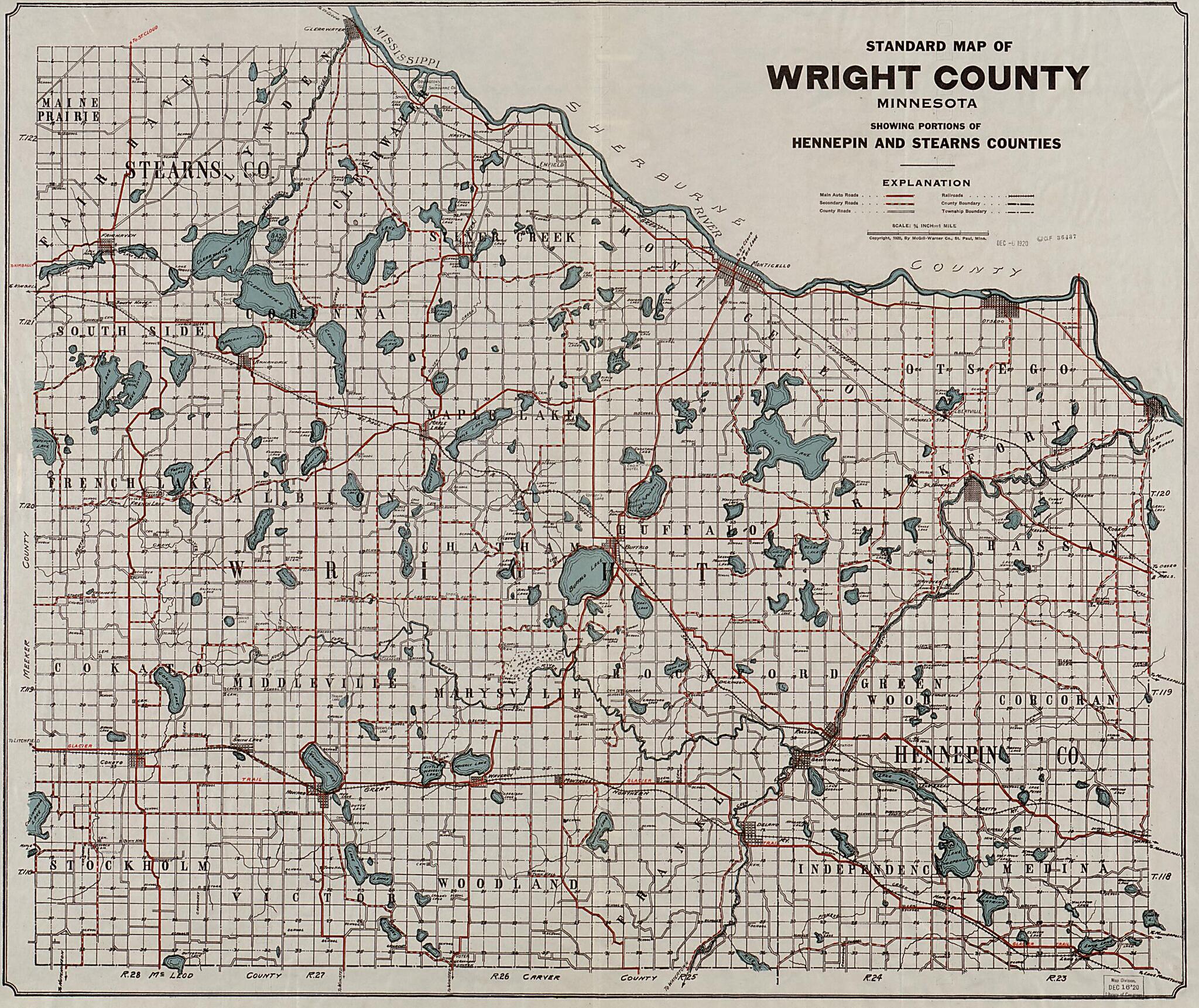 This old map of Standard Map of Wright County, Minnesota : Showing Portions of Hennepin and Stearns Counties from 1920 was created by Warner Co in 1920