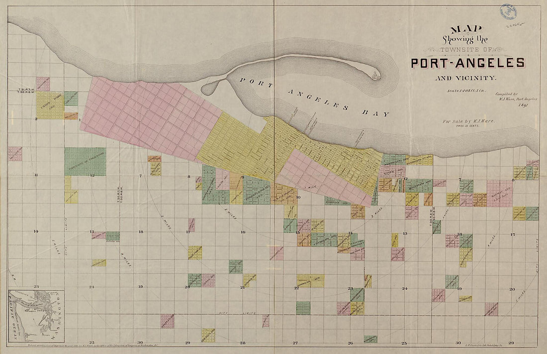 This old map of Angeles and Vicinity (Map Showing the Townsite of Port Angeles and Vicinity) from 1891 was created by W. J. Ware in 1891