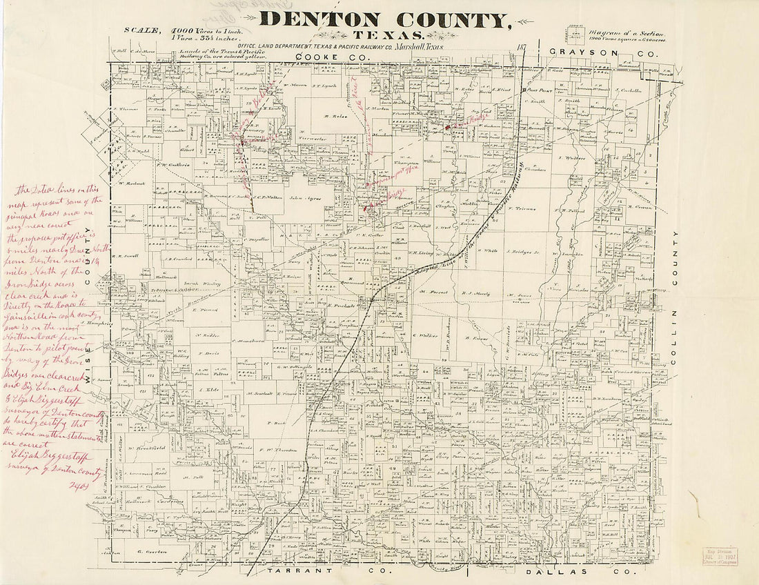 This old map of Denton County, Texas from 1870 was created by Texas & Pacific Railway. Land Department in 1870