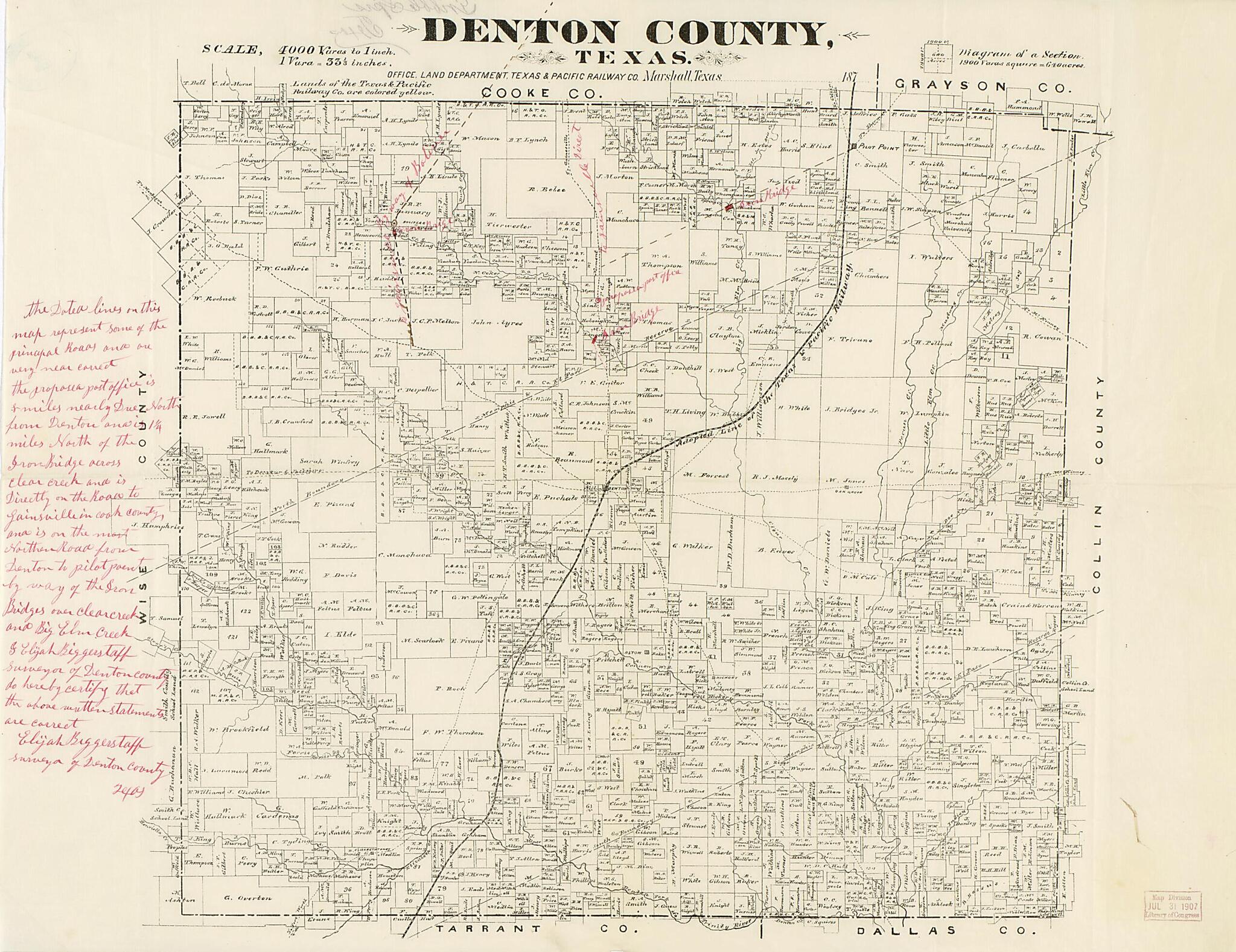 This old map of Denton County, Texas from 1870 was created by Texas & Pacific Railway. Land Department in 1870