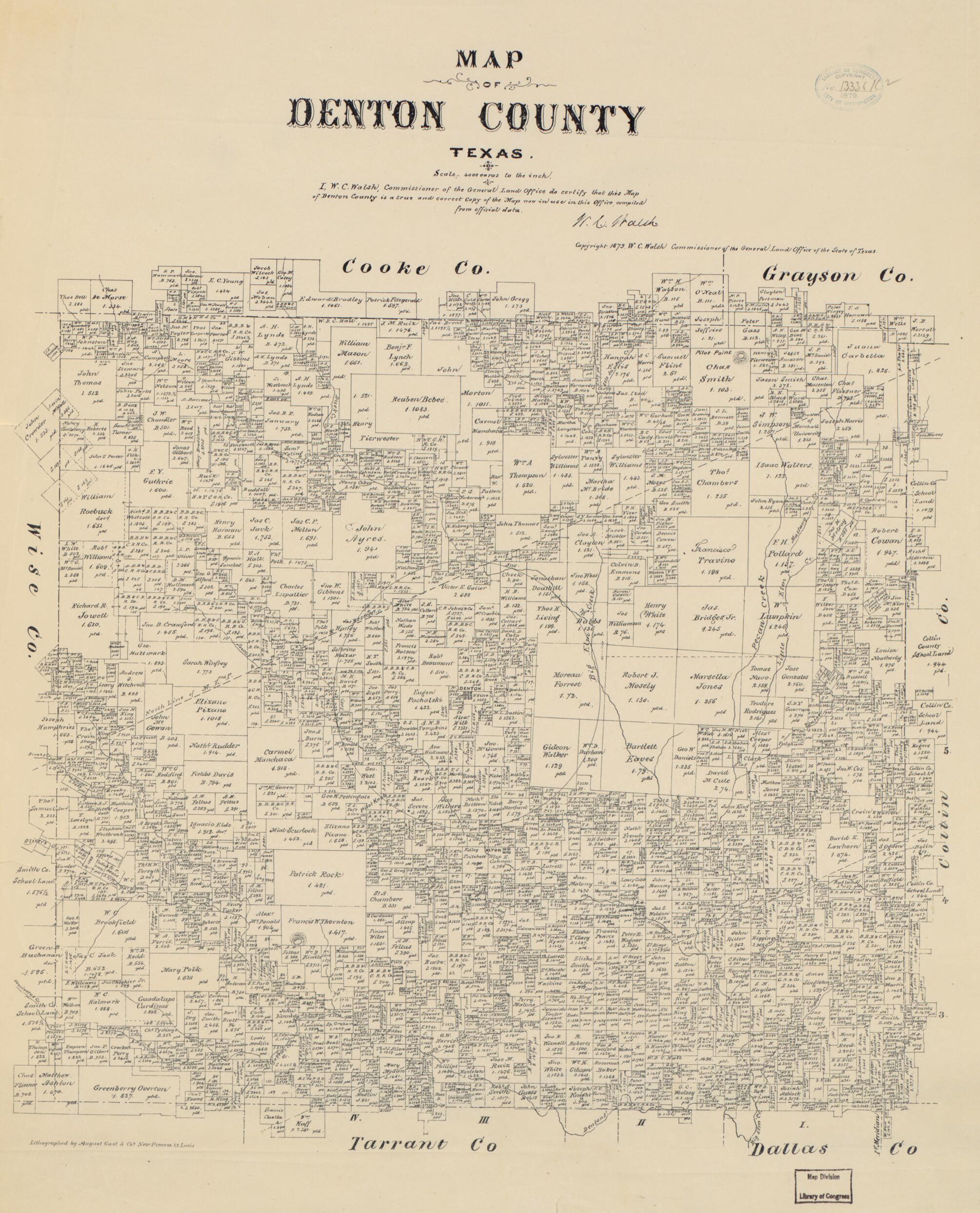 This old map of Map of Denton County, Texas from 1879 was created by August Gast & Co, Texas. General Land Office in 1879