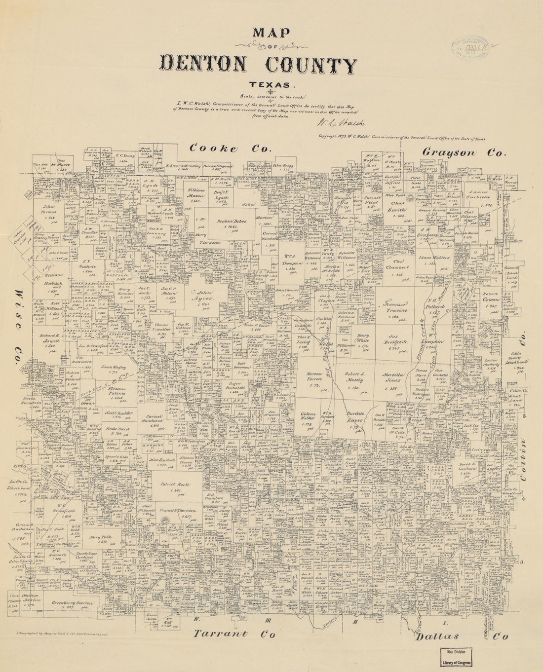 This old map of Map of Denton County, Texas from 1879 was created by August Gast & Co, Texas. General Land Office in 1879