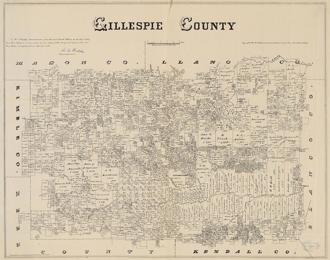This old map of Gillespie County Texas from 1879 was created by August Gast & Co, Texas. General Land Office in 1879