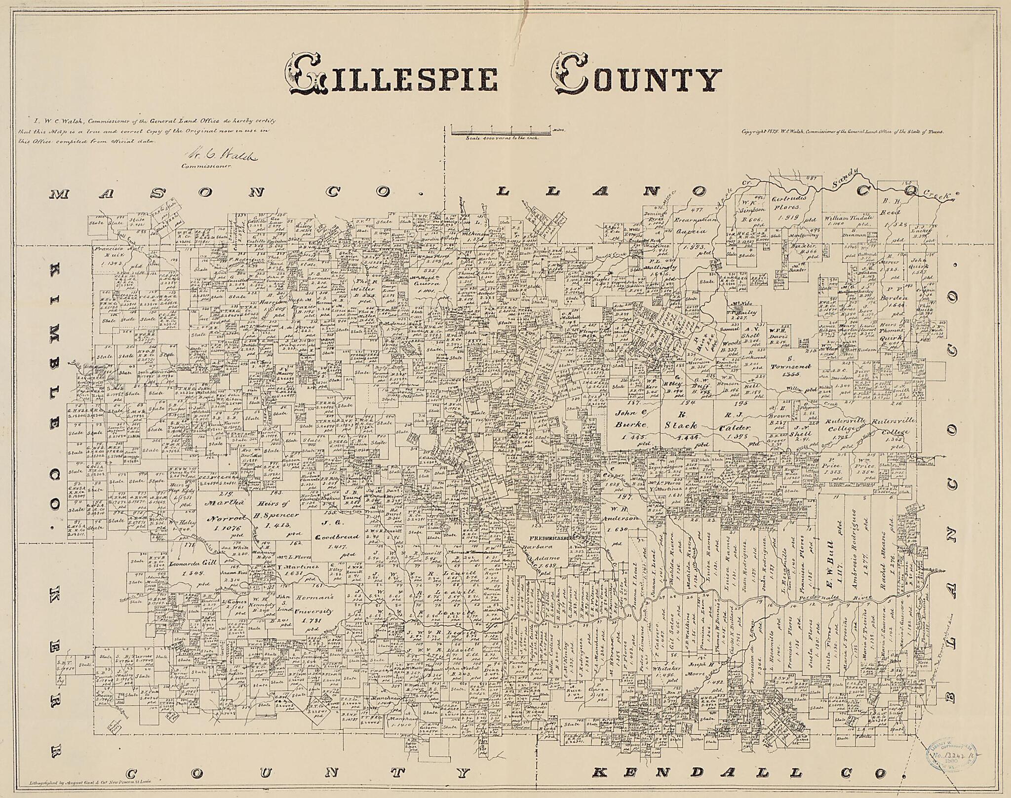 This old map of Gillespie County Texas from 1879 was created by August Gast & Co, Texas. General Land Office in 1879