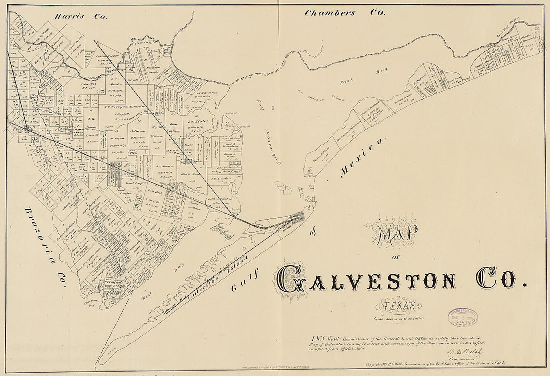 This old map of Map of Galveston County, Texas from 1879 was created by August Gast & Co, Texas. General Land Office in 1879
