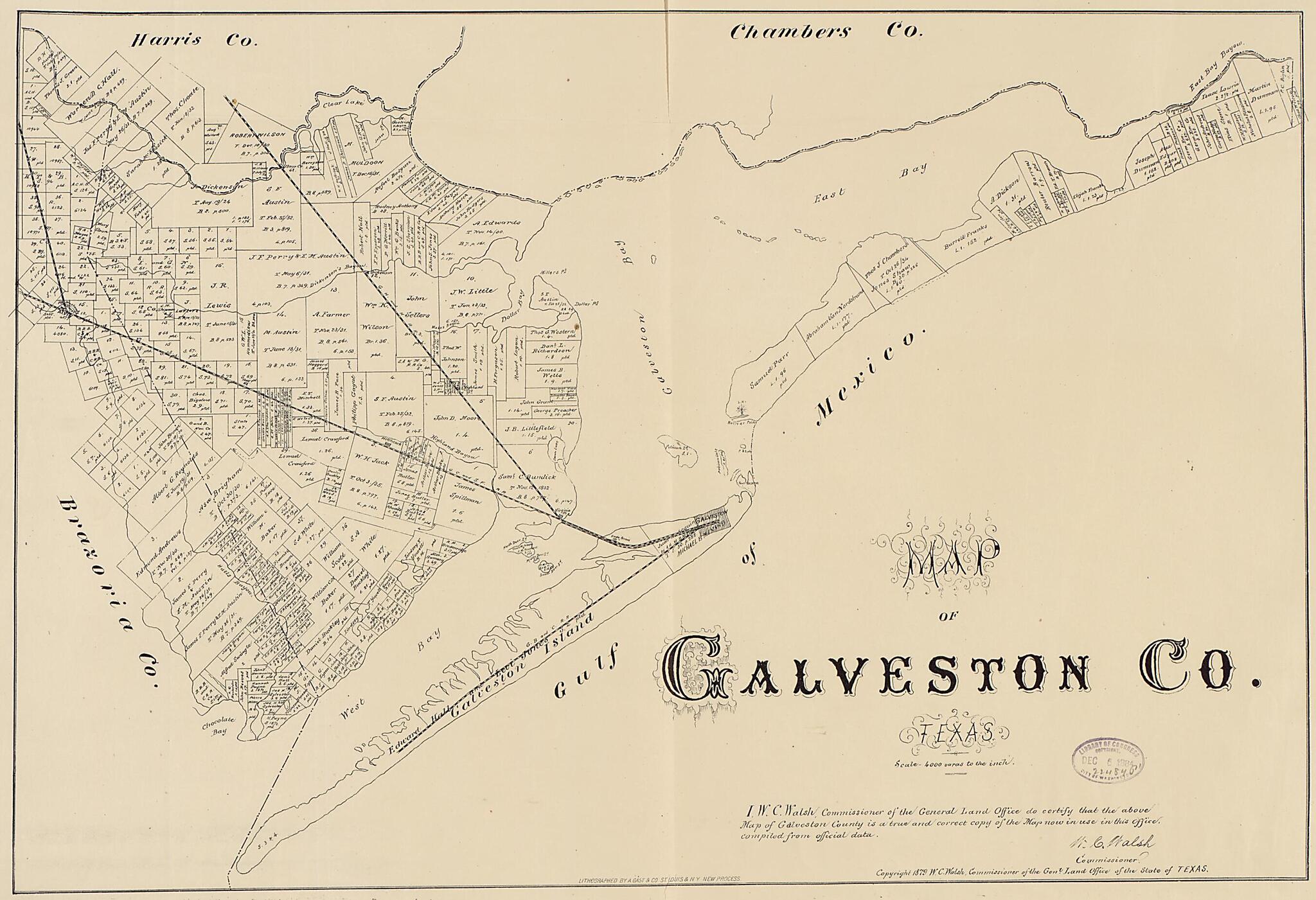 This old map of Map of Galveston County, Texas from 1879 was created by August Gast & Co, Texas. General Land Office in 1879