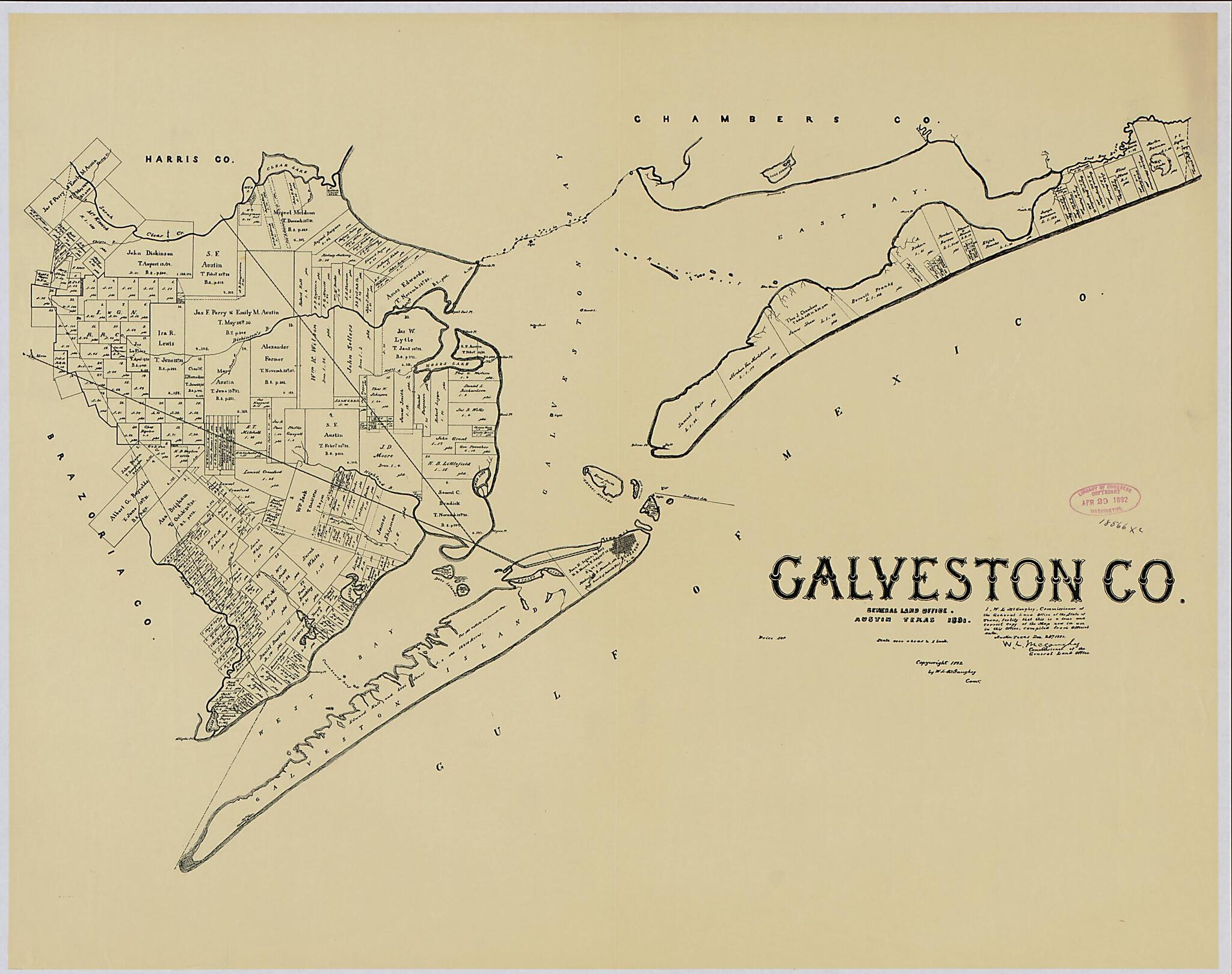 This old map of Galveston Co from 1892 was created by Texas. General Land Office in 1892