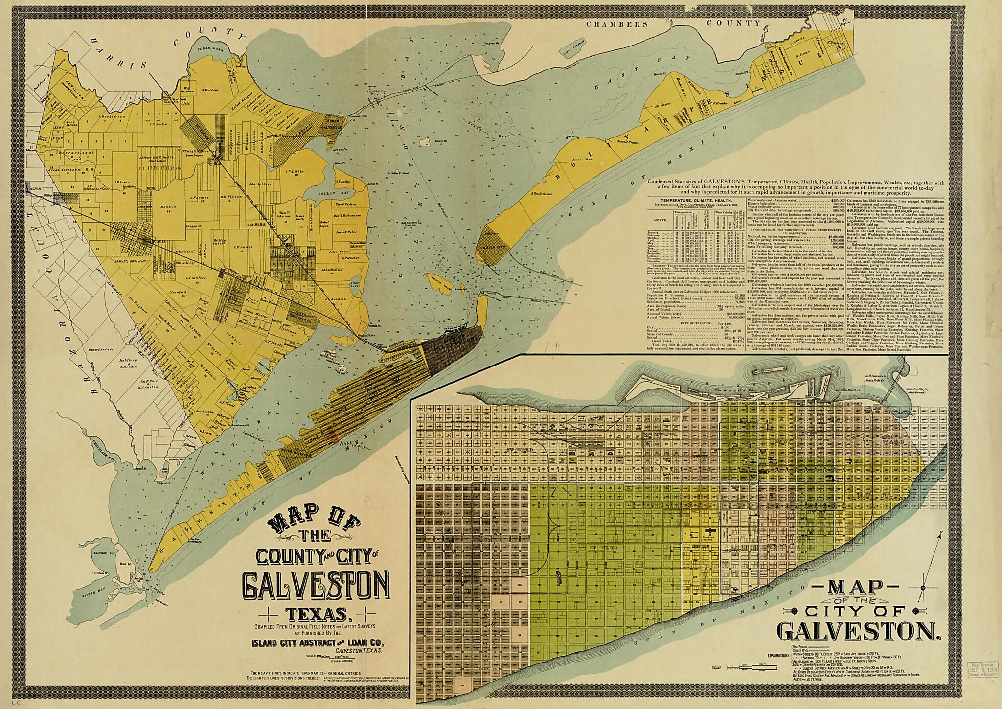 This old map of Map of the County and City of Galveston, Texas from 1891 was created by Island City Abstract and Loan Co in 1891
