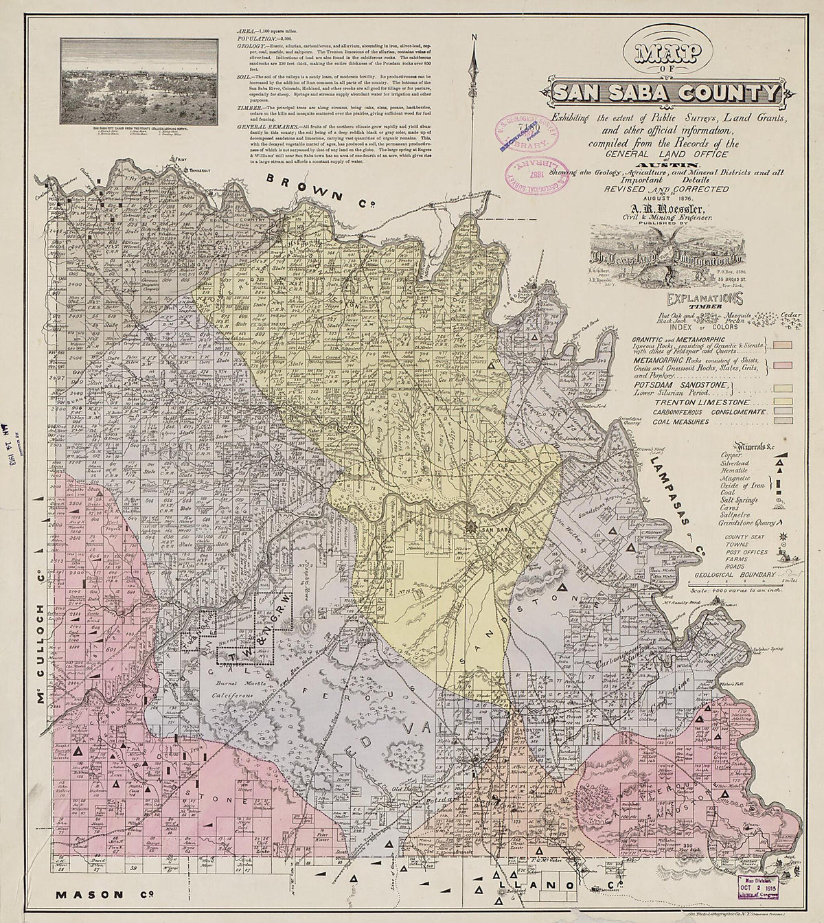 Map of San Saba County : Exhibiting the Extent of Public Surveys, Land Grants, and Other Official Information ; Compiled from the Records of the General Land Office at Austin, Showing Also Geology, Agriculture, and Mineral Districts and All Important ... by Relic Map Company