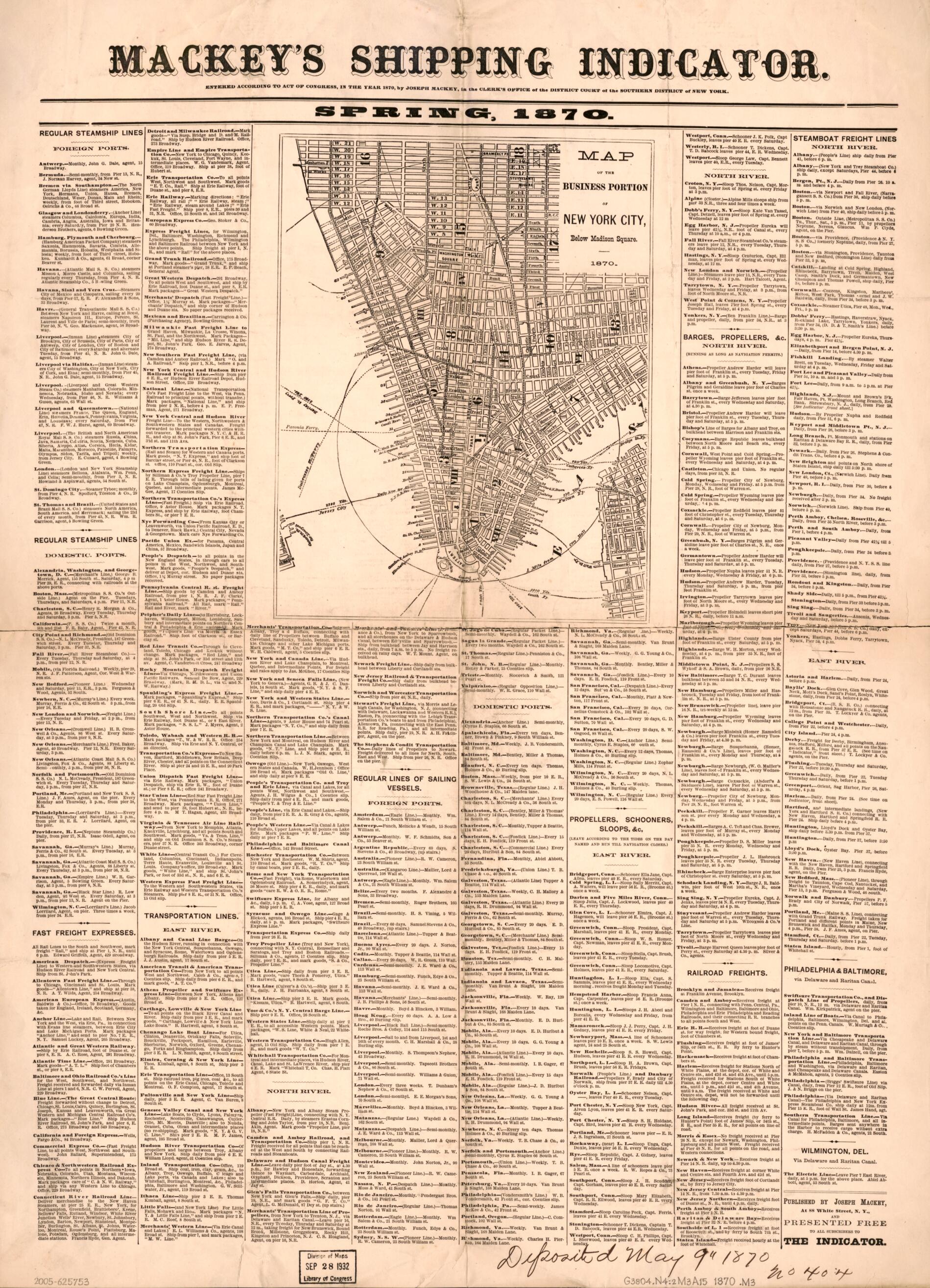 This old map of Map of the Business Portion of New York City Below Madison Square : from 1870 was created by Joseph Mackey in 1870