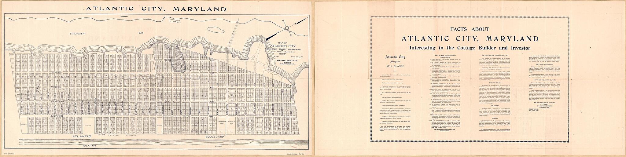 This old map of Map of Atlantic City, Worcester County, Maryland (Atlantic City, Maryland, Facts About Atlantic City, Maryland, Interesting to the Cottage Builder and Investor) from 1916 was created by Atlantic Realty Company, Ocean Beach Development C