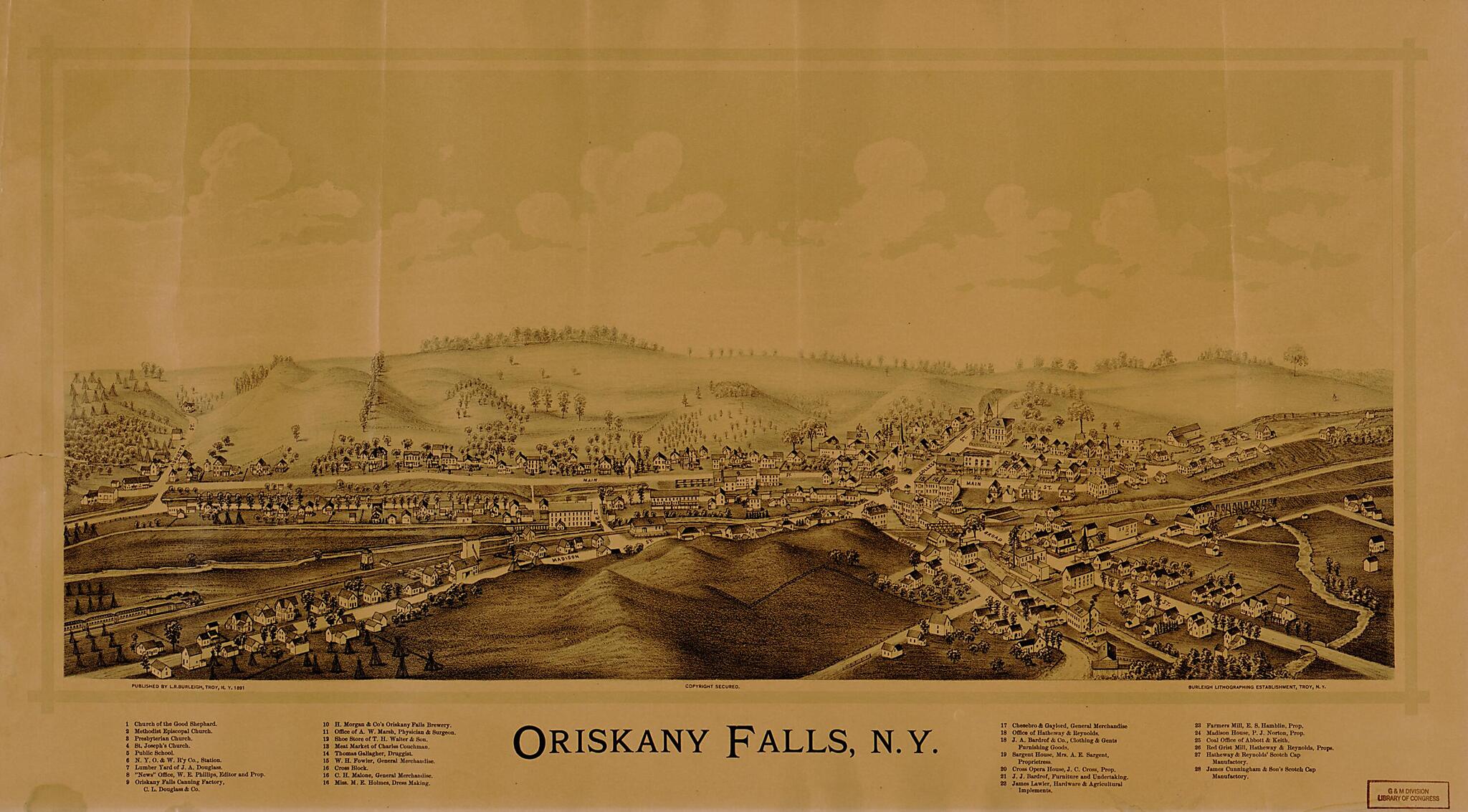 This old map of Oriskany Falls, New York from 1891 was created by Burleigh Litho, L. R. (Lucien R.) Burleigh in 1891