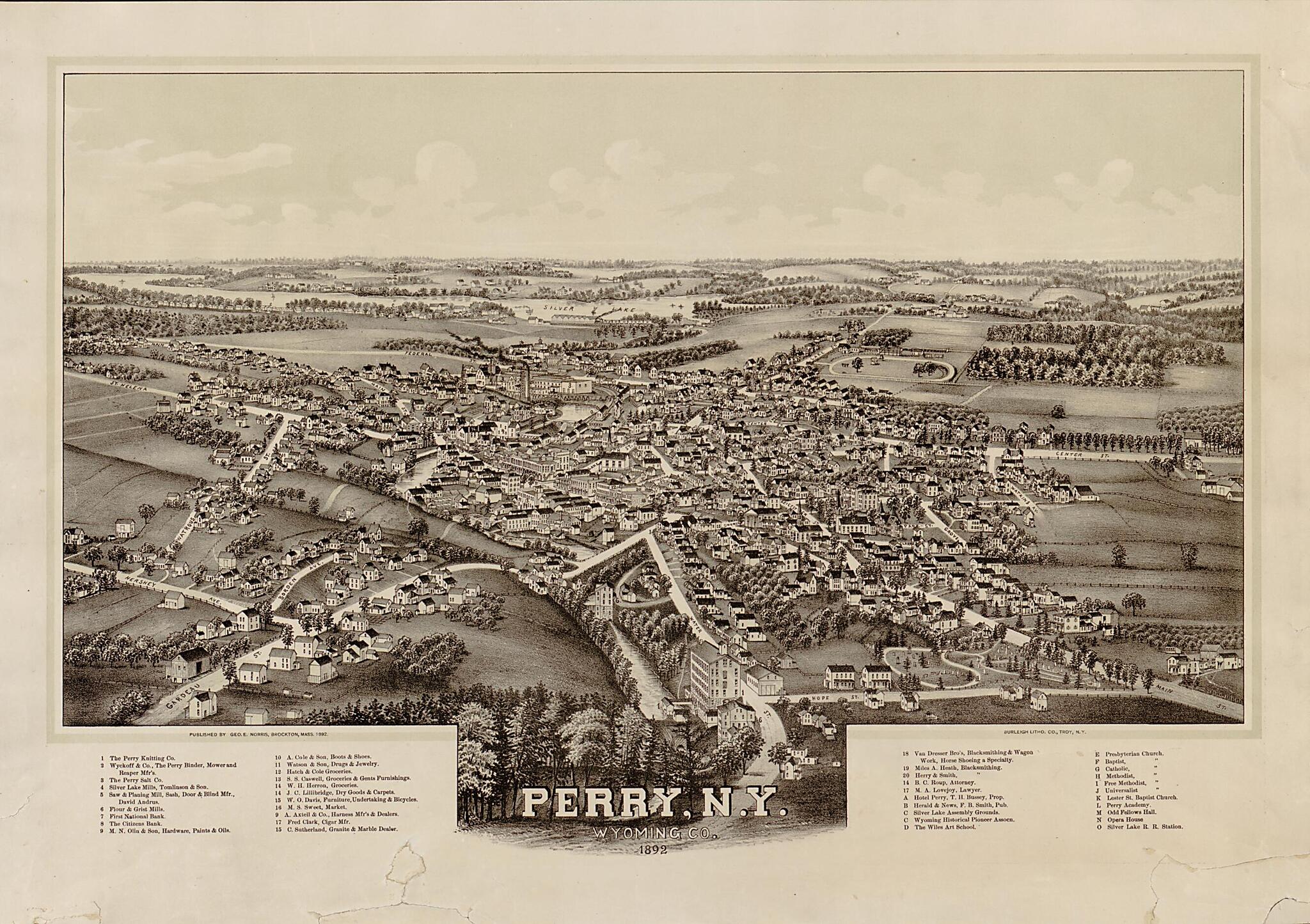 This old map of Perry, New York, Wyoming County, from 1892 was created by Burleigh Litho, George E. Norris in 1892