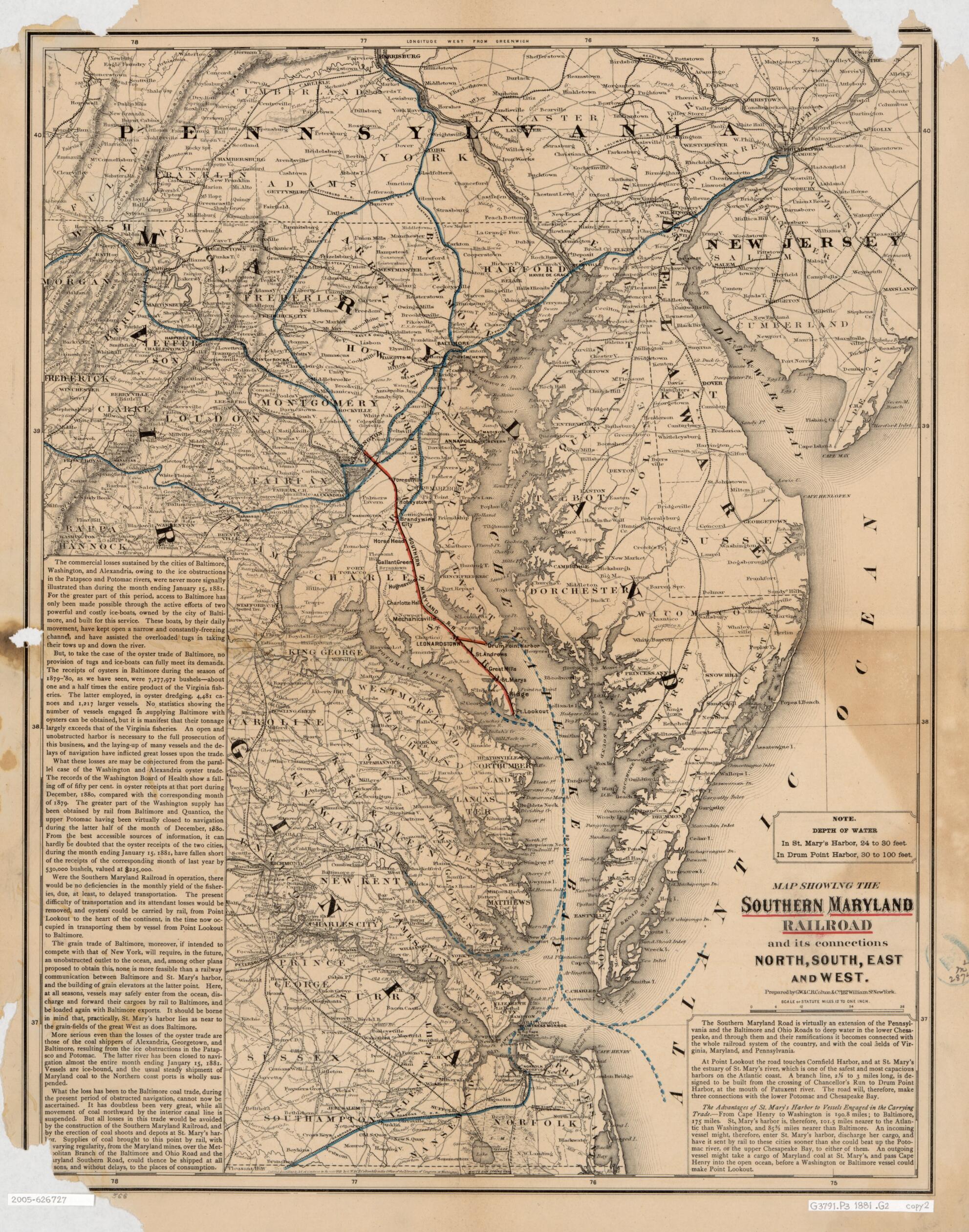 This old map of Map Showing the Southern Maryland Railroad and Its Connections : North, South, East, and West from 1881 was created by G.W. & C.B. Colton & Co, Southern Maryland Railroad in 1881