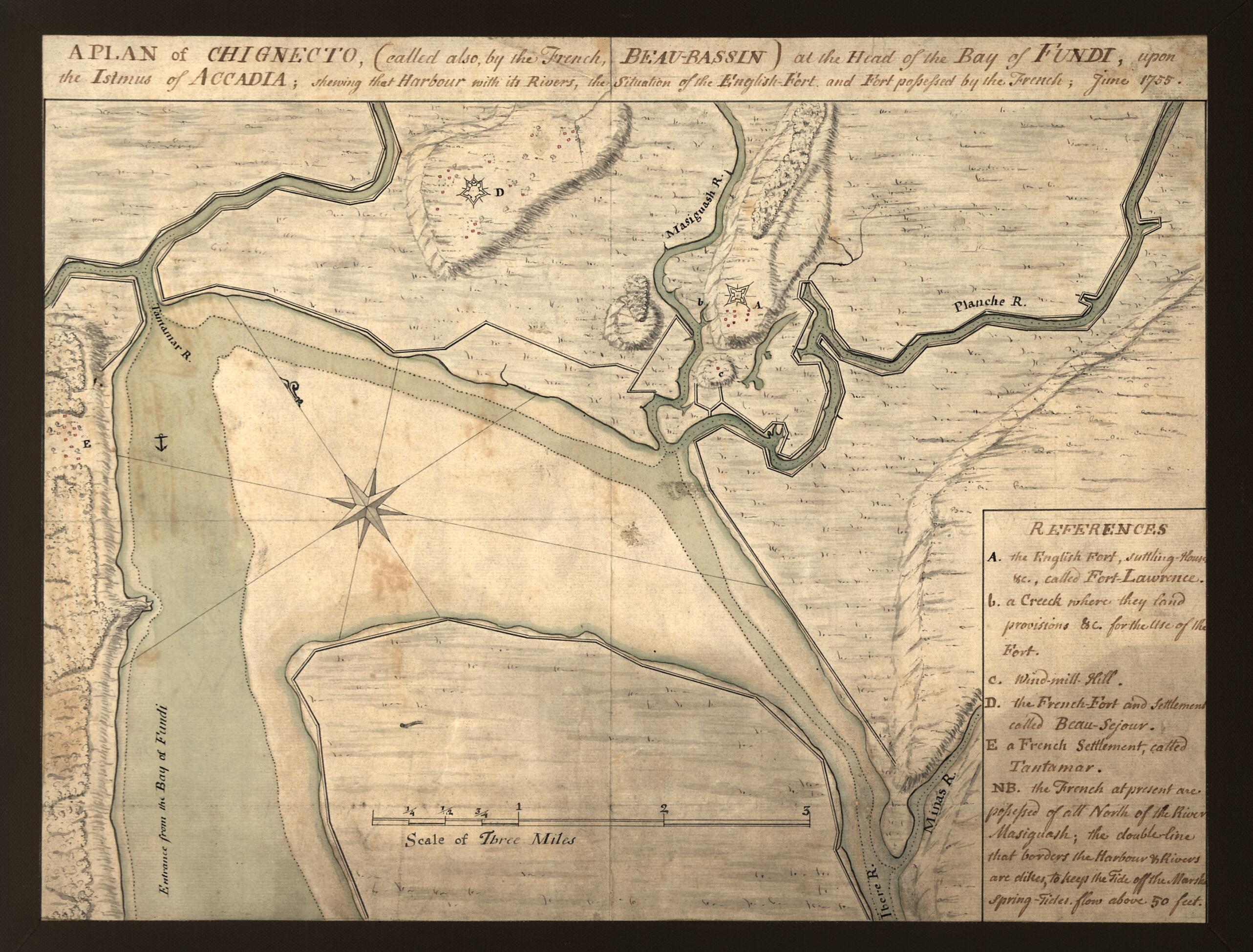 This old map of Bassin) at the Head of the Bay of Fundi Upon the Istmus of Accadia Shewing That Harbour With Its Rivers, the Situation of the English Fort and Fort Possessed by the French, June from 1755 was created by in 1755