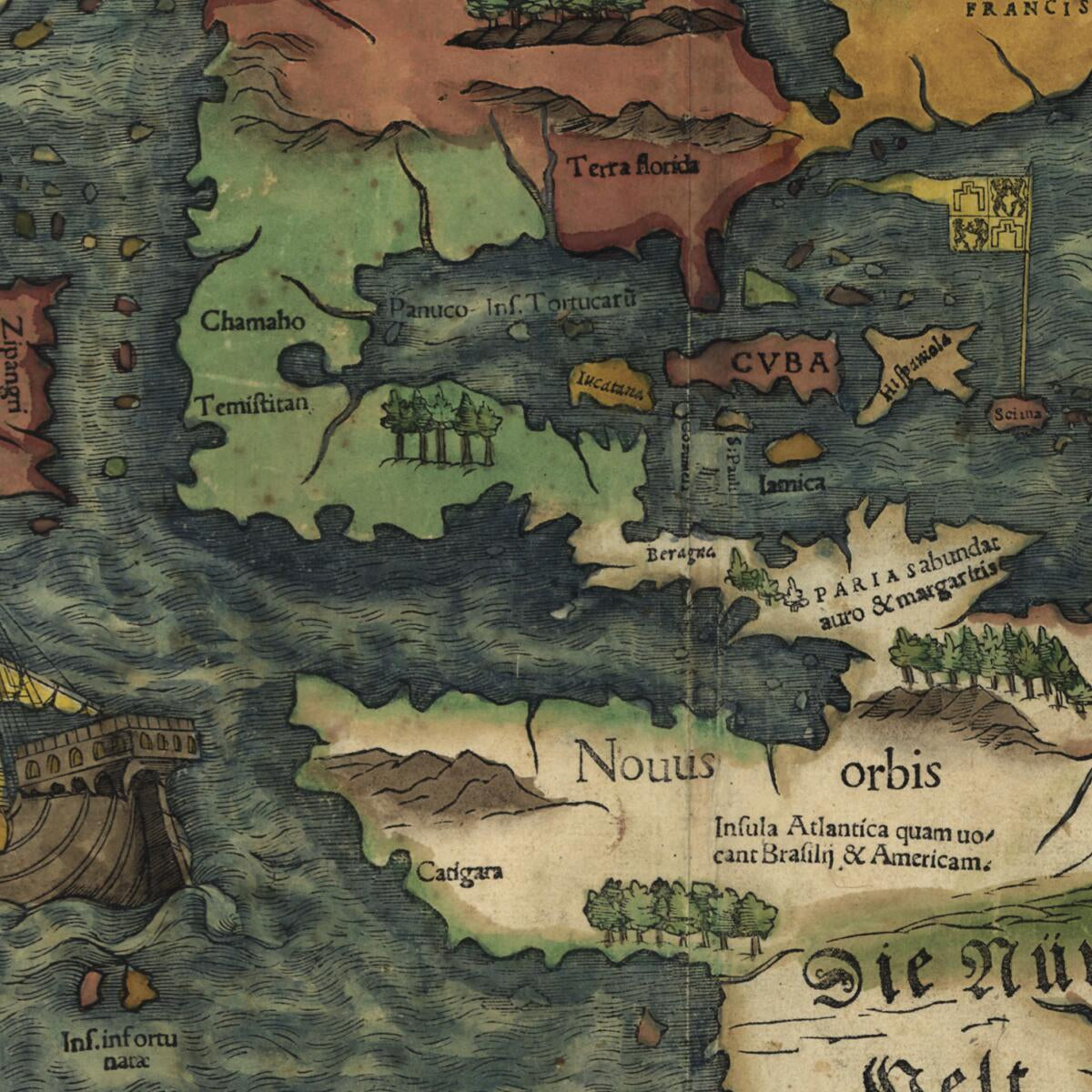 This old map of Die Neuwen Inseln, So Hinder Hispanien Gegen Orient Bey Dem Land India Ligen (Title On Verso: New Weldt Oder Inseln, So Hinder Hispanien Gegen Orient Bey Dem Land India Ligen) from 1550 was created by Sebastian Münster in 1550