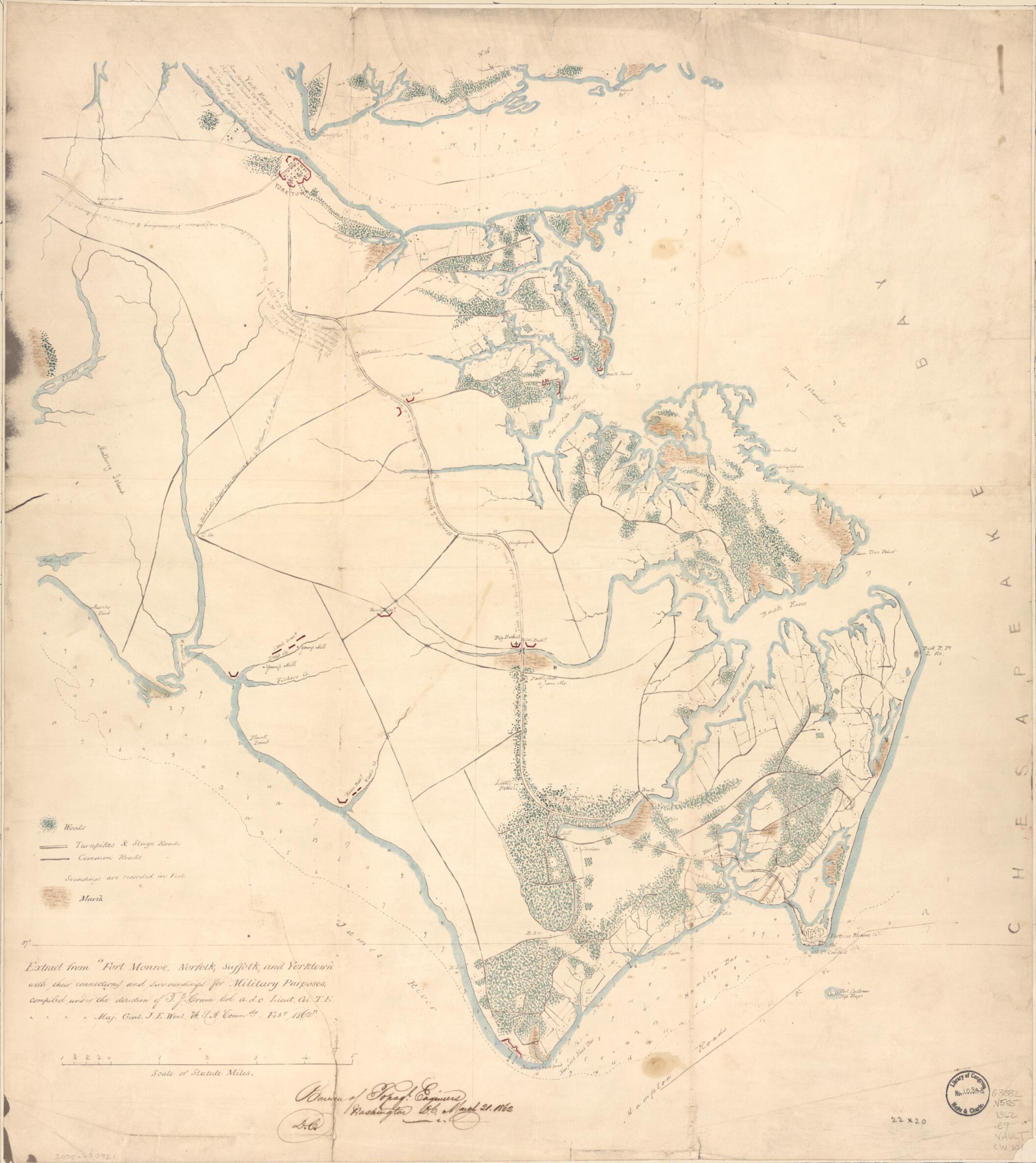 This old map of Extract from Fort Monroe, Norfolk, Suffolk, and Yorktown, With Their Connections and Surroundings for Military Purposes from 1862 was created by Thomas Jefferson Cram, United States. Army. Corps of Topographical Engineers in 1862