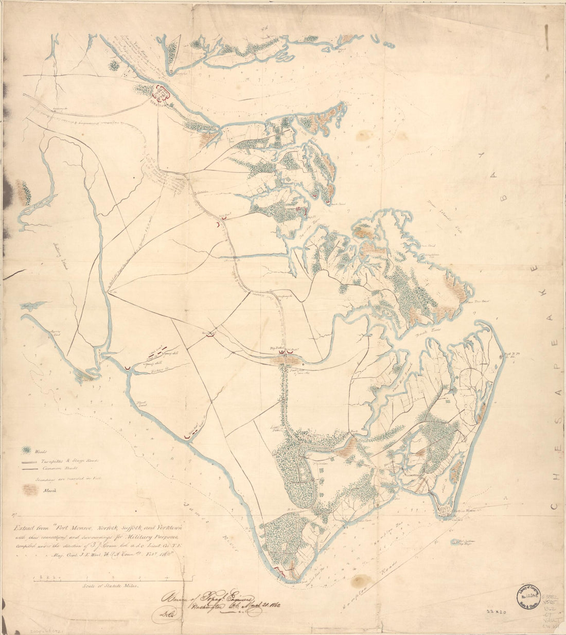 This old map of Extract from Fort Monroe, Norfolk, Suffolk, and Yorktown, With Their Connections and Surroundings for Military Purposes from 1862 was created by Thomas Jefferson Cram, United States. Army. Corps of Topographical Engineers in 1862