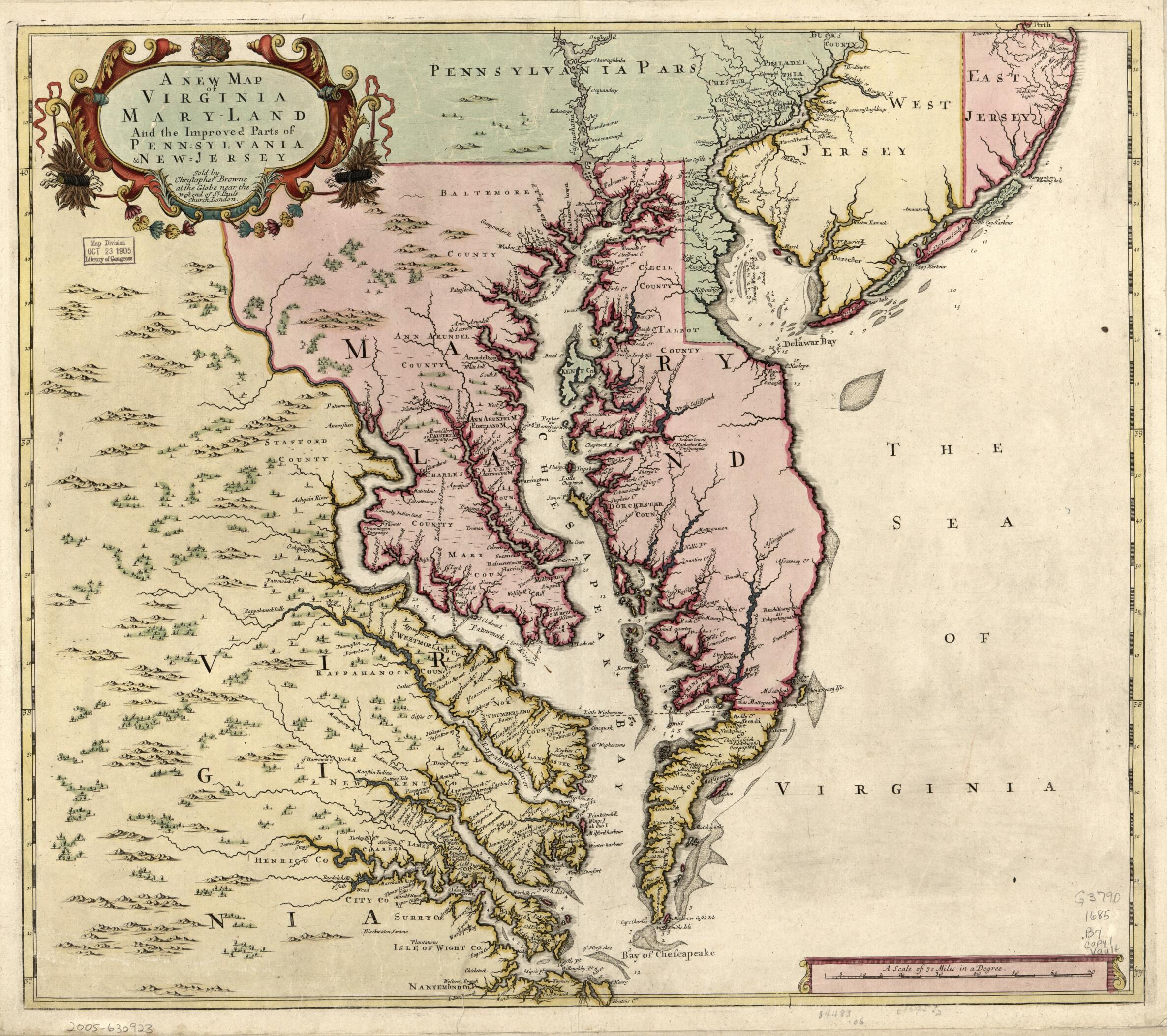 This old map of A New Map of Virginia, Maryland, and the Improved Parts of Pennsylvania & New Jersey from 1685 was created by Christopher Browne in 1685