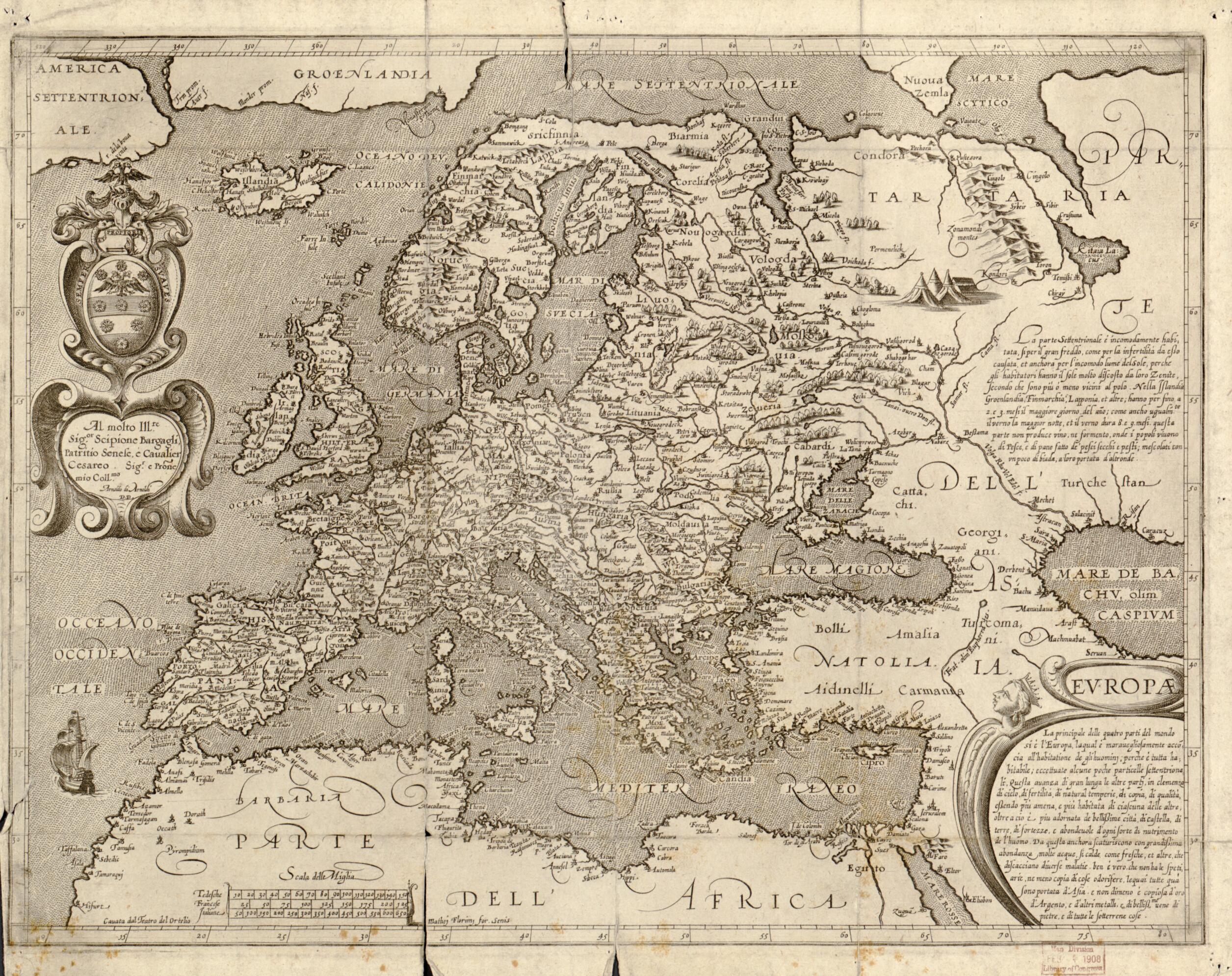 This old map of Europae. (Evropae) from 1600 was created by Arnoldo DI Arnoldi, Matteo Florimi in 1600