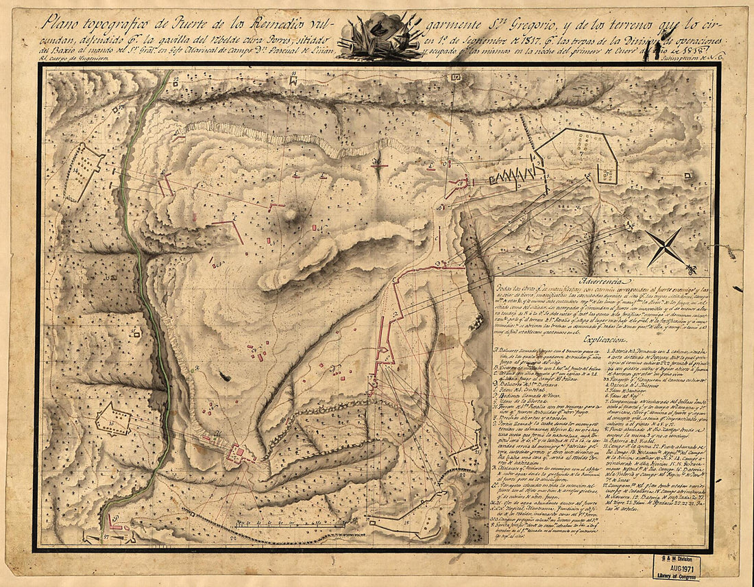 This old map of Plano Topografico De Fuerte De Los Remedios Vulgarmente Sn. Gregorio Y De Los Terrenos Que Lo Circundan, Defendido Pr. La Gavilla Del Rebelde Cura Forres, Situiado En 1o. De Septiembre De 1817 Pr. Las Tropas De La Division De Operaciones