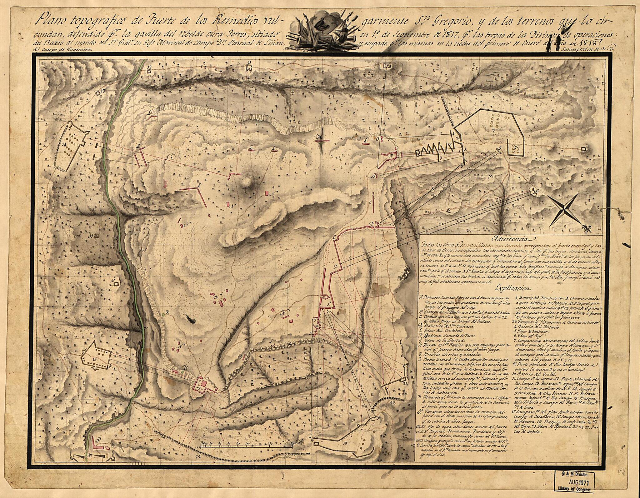 This old map of Plano Topografico De Fuerte De Los Remedios Vulgarmente Sn. Gregorio Y De Los Terrenos Que Lo Circundan, Defendido Pr. La Gavilla Del Rebelde Cura Forres, Situiado En 1o. De Septiembre De 1817 Pr. Las Tropas De La Division De Operaciones