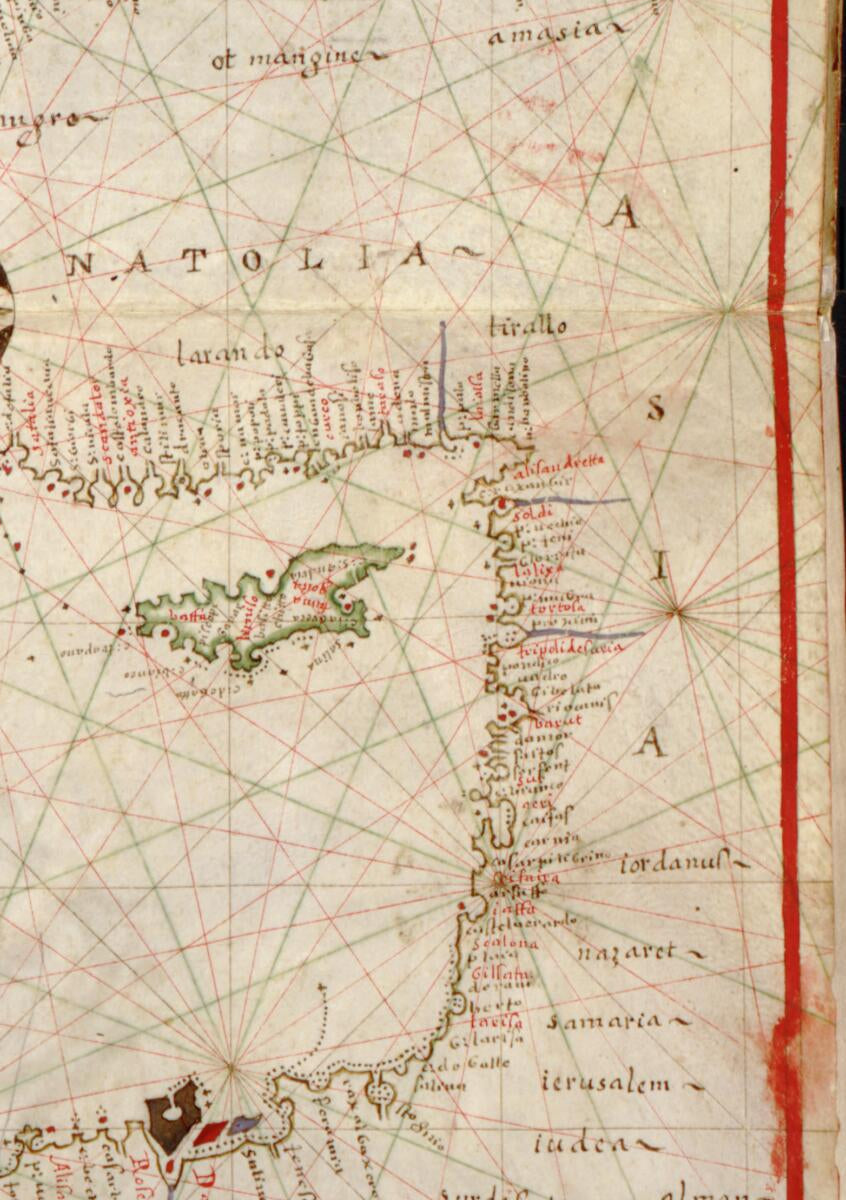 This old map of Portolan Atlas of the Mediterranean Sea, Western Europe, and the Northwest Coast of Africa from 1590 was created by Joan Oliva in 1590