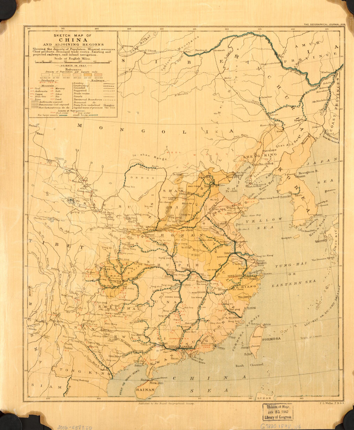 Sketch Map of China and Adjoining Regions : Showing the Density of Population, Mineral Resources, Chief Products, Principal Trade Routes, Exisitng, and Projected Railways, and Inland Navigation 1898 by Relic Map Company