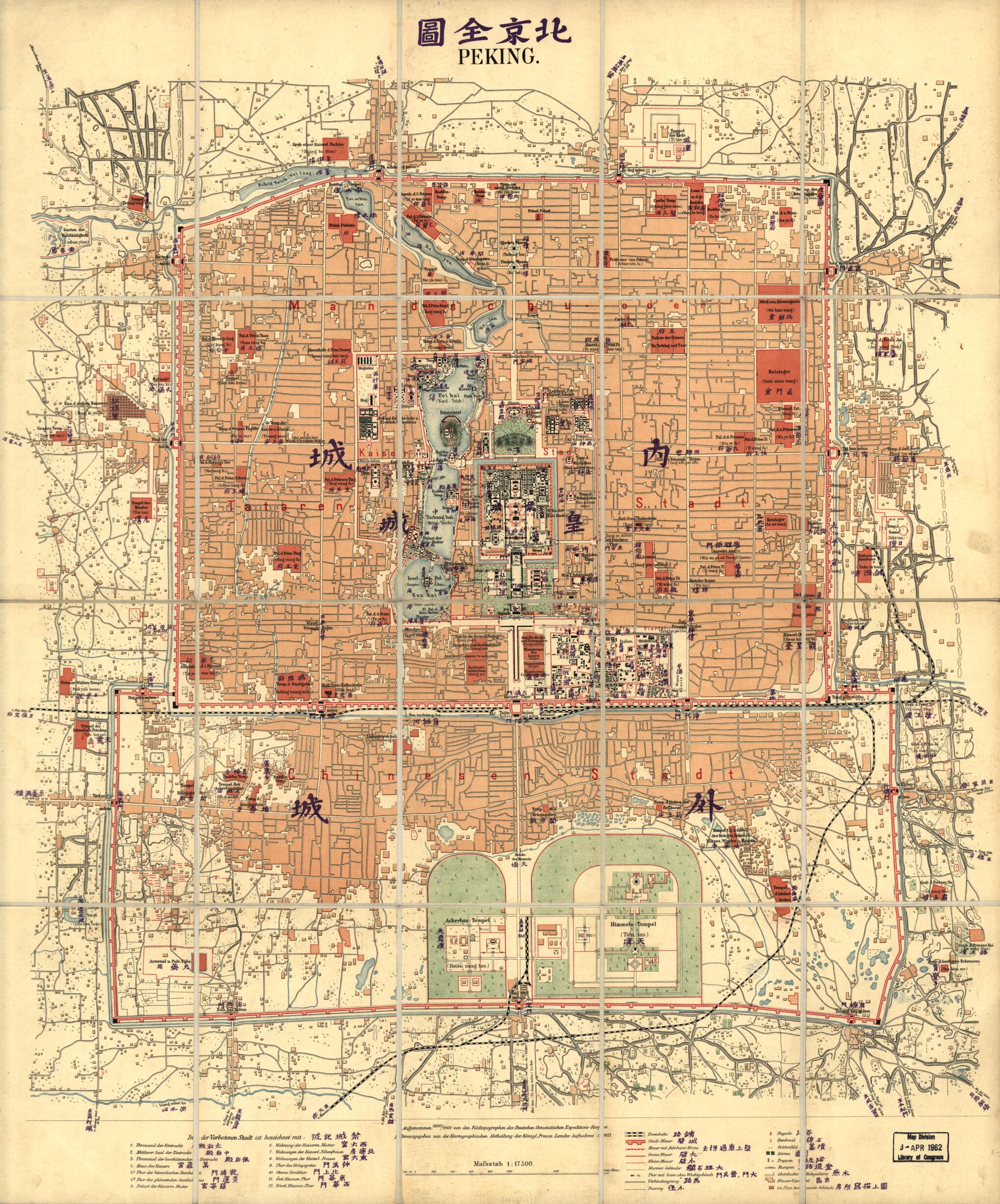 This old map of Beijing Quan Tu = Peking (Peking) from 1914 was created by Deutsch Ostasiatisches Expeditions Korps. Feldtopograph, Prussia (Germany). Landesaufnahme. Kartogr. Abteilung in 1914