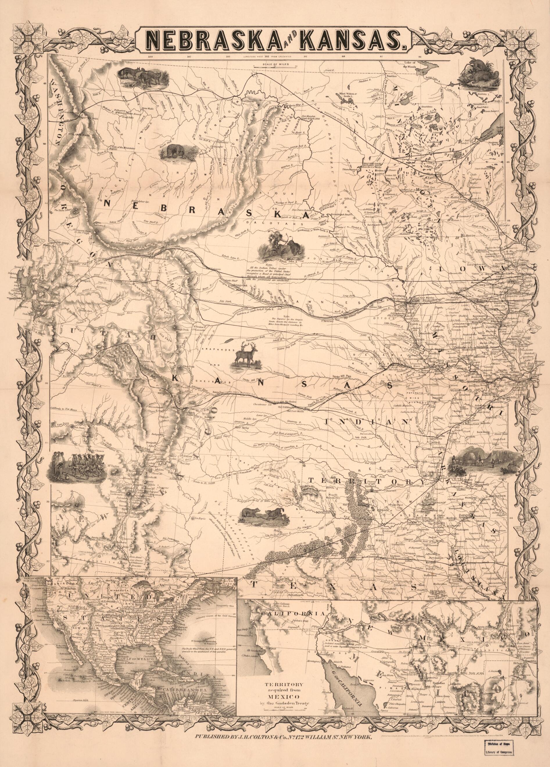 This old map of Nebraska and Kansas from 1855 was created by J.H. Colton & Co in 1855