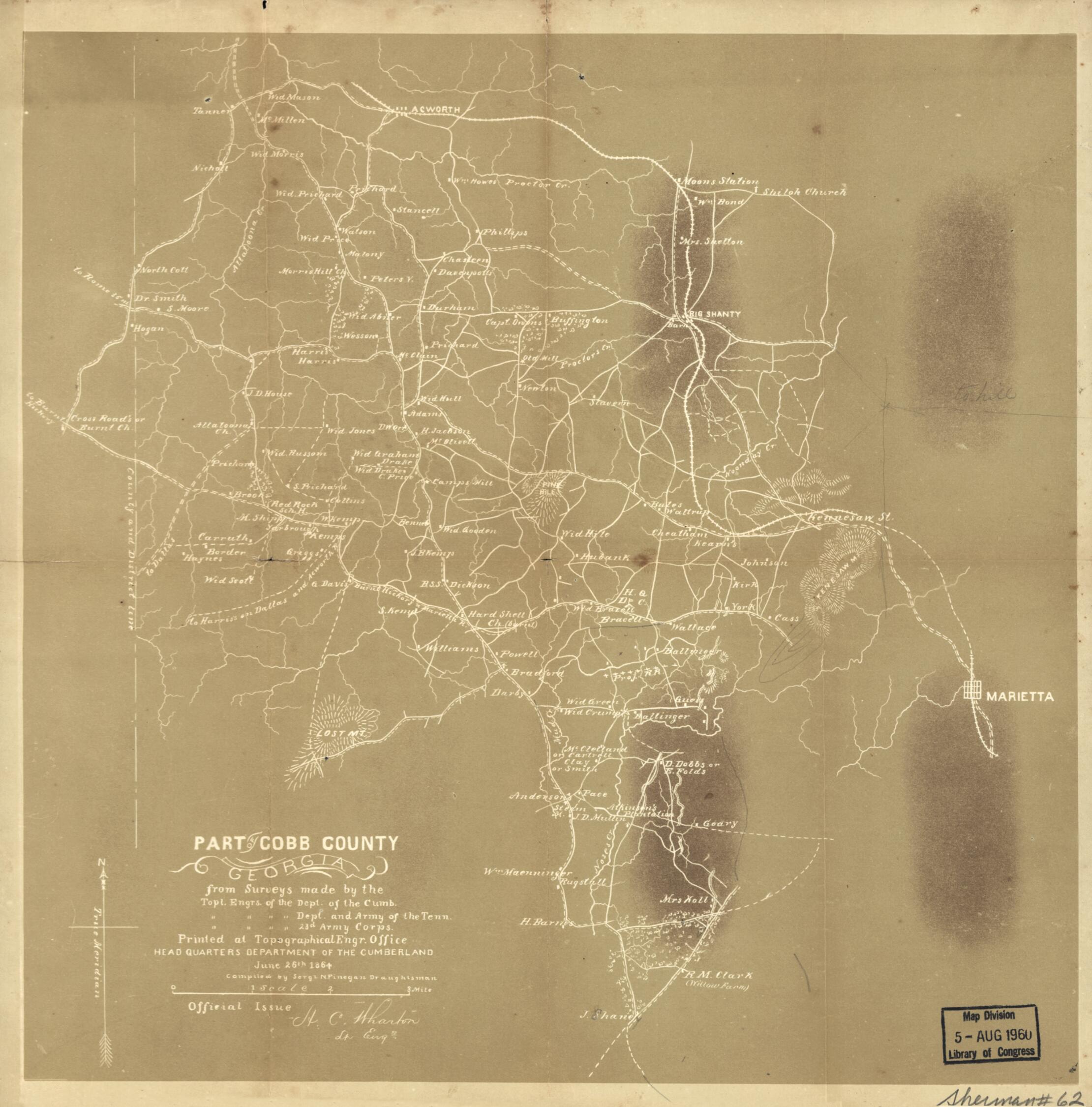 This old map of Part of Cobb County, Georgia from 1864 was created by N. Finegan, United States. Army. Corps of Topographical Engineers, 23rd (). Topographical Engineers United States. Army. Corps, United States. Army. Department of the Cumberland. Top