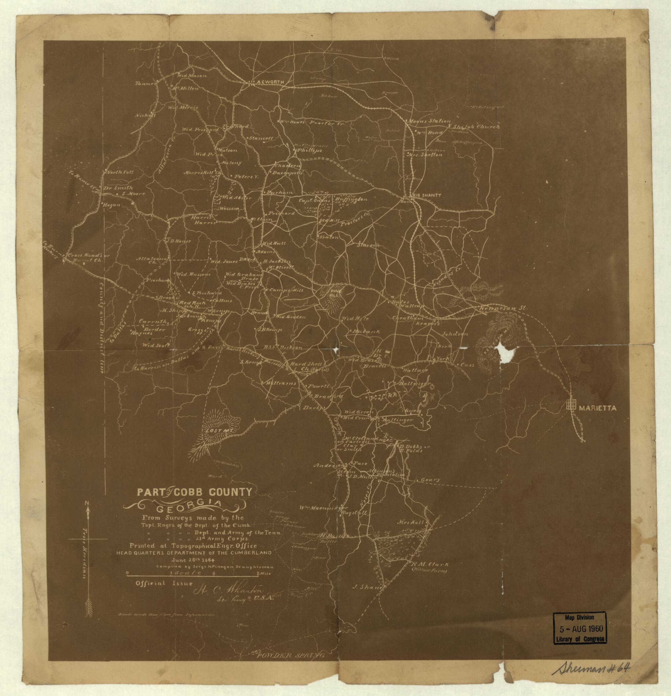 This old map of Part of Cobb County, Georgia from 1864 was created by N. Finegan, United States. Army. Corps of Topographical Engineers, 23rd (). Topographical Engineers United States. Army. Corps, United States. Army. Department of the Cumberland. Top