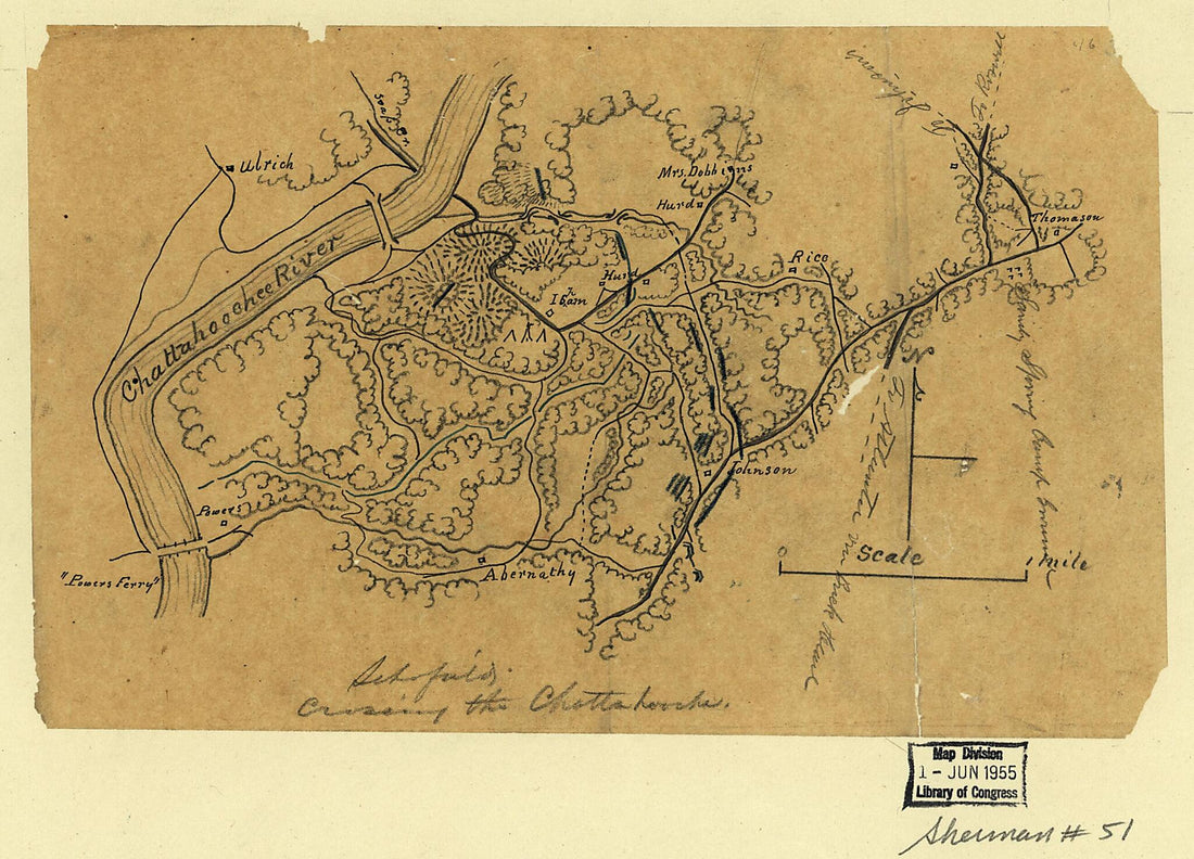 This old map of Schofield Crossing the Chattahooche sic. (Schofield Crossing the Chattahoochee) from 1864 was created by in 1864